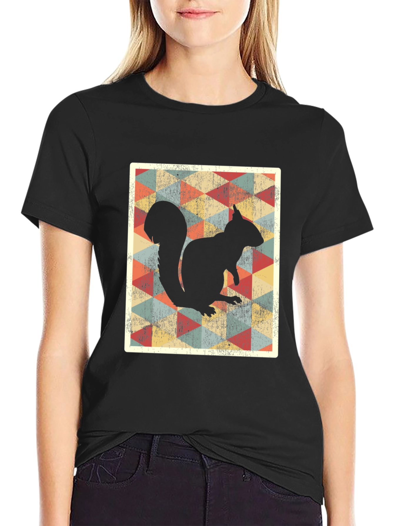 Black Retro Squirrel Graphic Tee - Black Cotton T-Shirt view 2