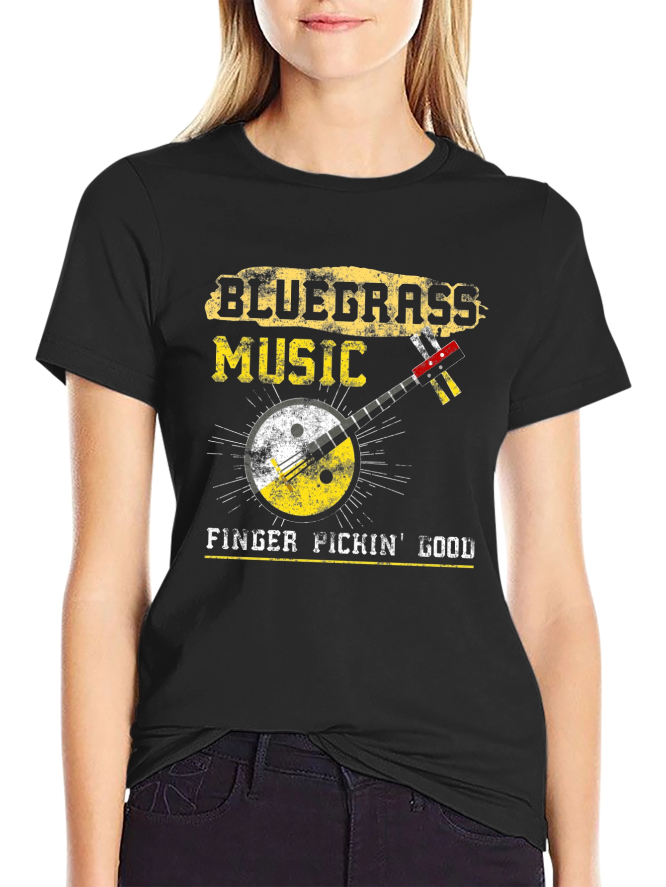 Black Bluegrass Music Banjo Graphic T-Shirt view 2
