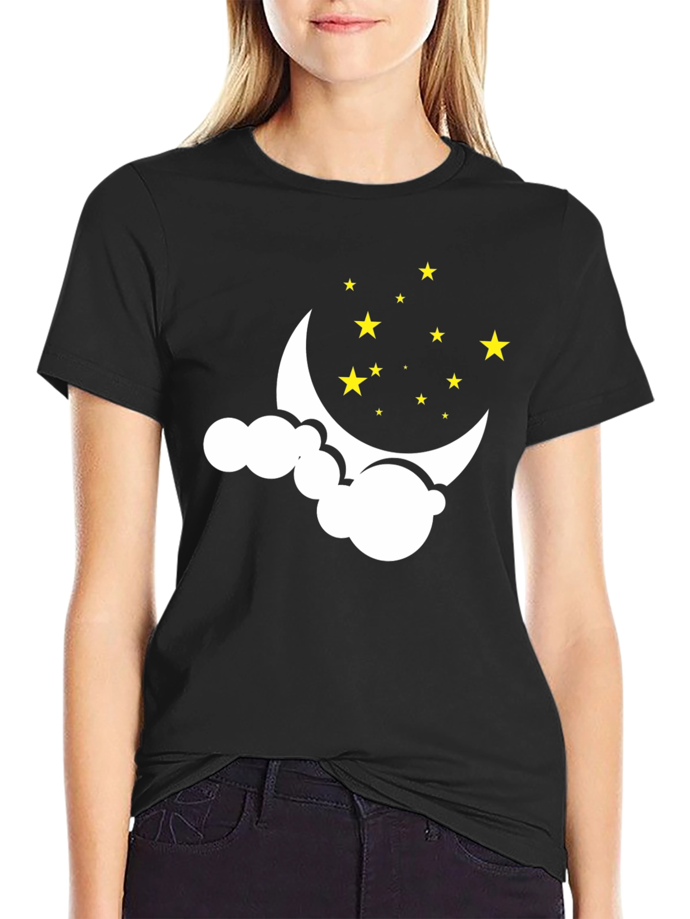 Black Dreamy Night Tee: Crescent Moon & Stars Graphic T-Shirt view 2
