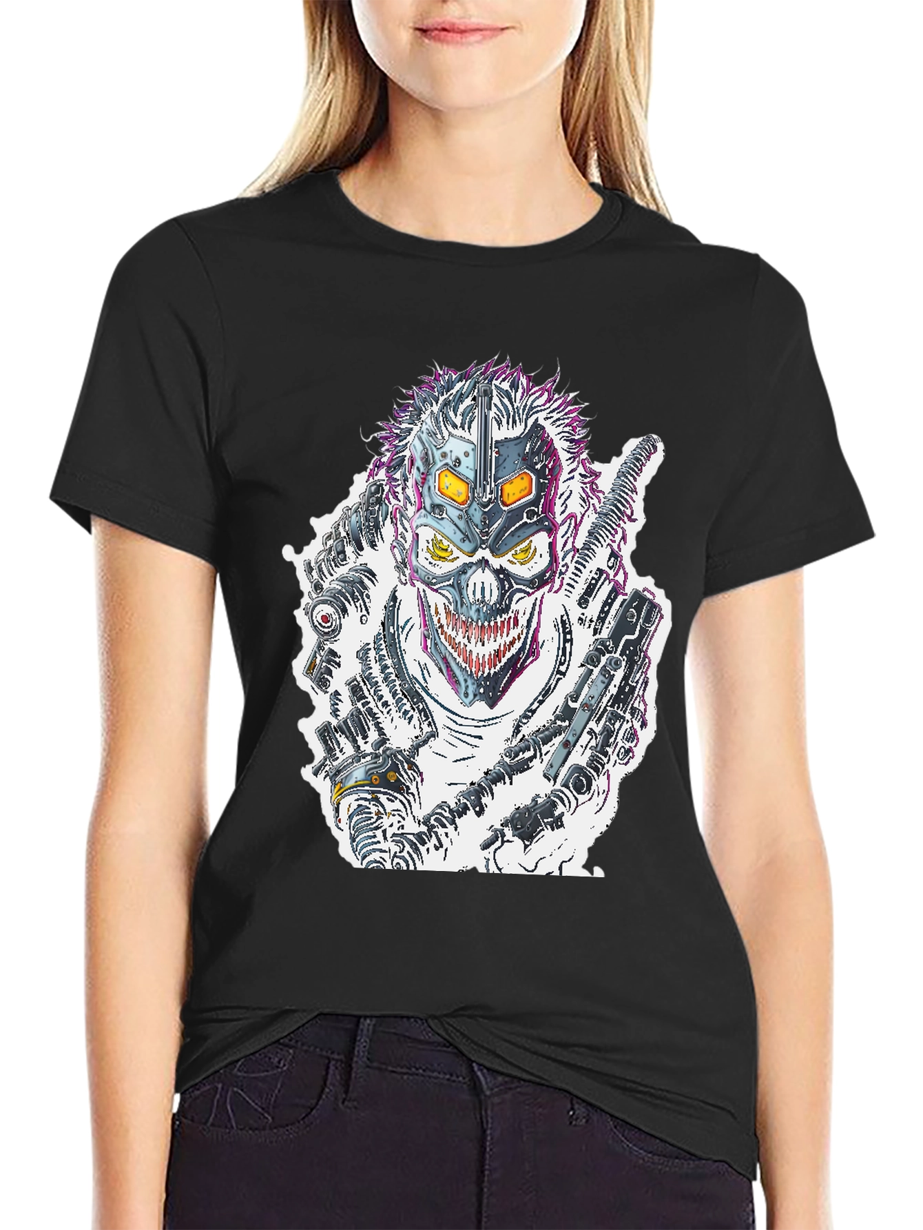 Black Cyberpunk Skull T-Shirt - Futuristic Graphic Tee view 2