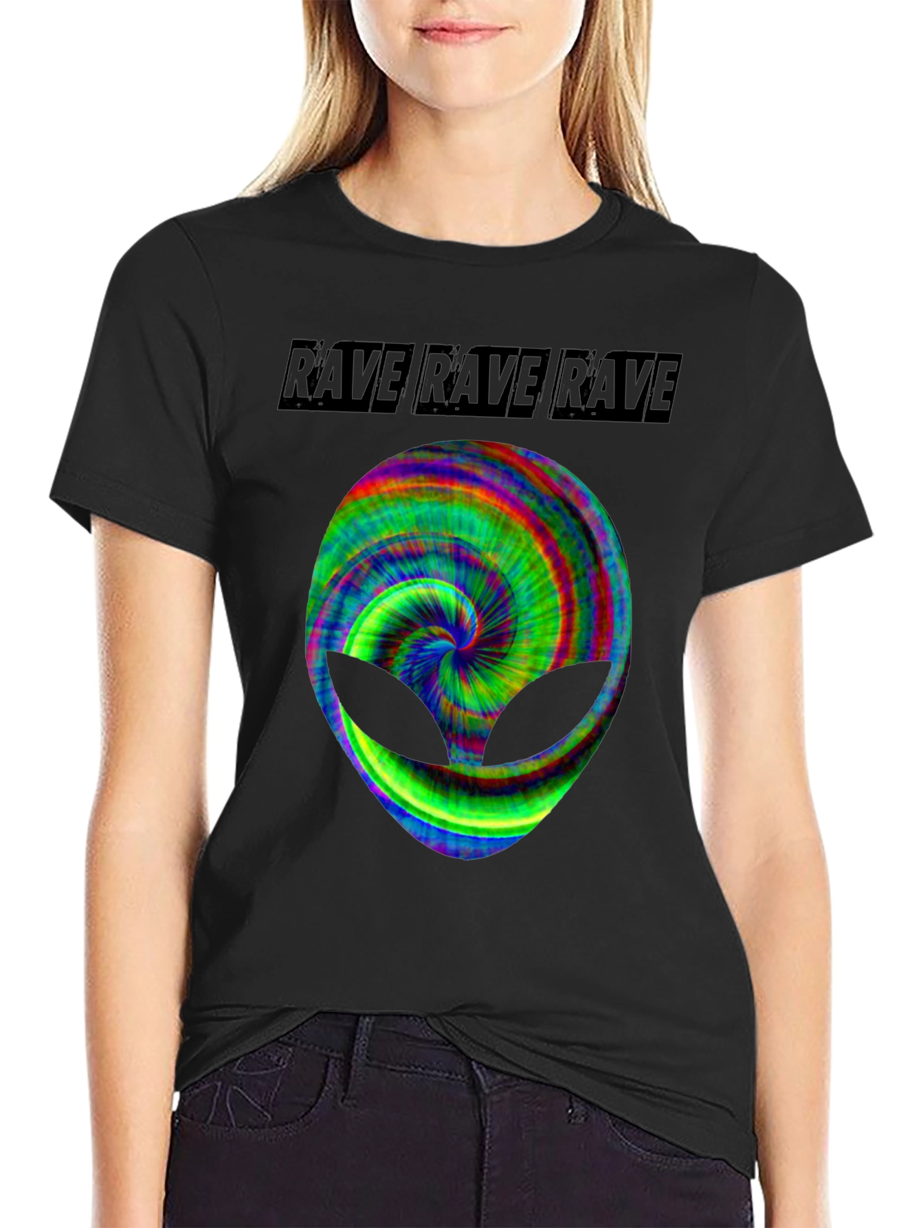 Black Rave Alien Graphic Tee - Black Cotton T-Shirt view 2