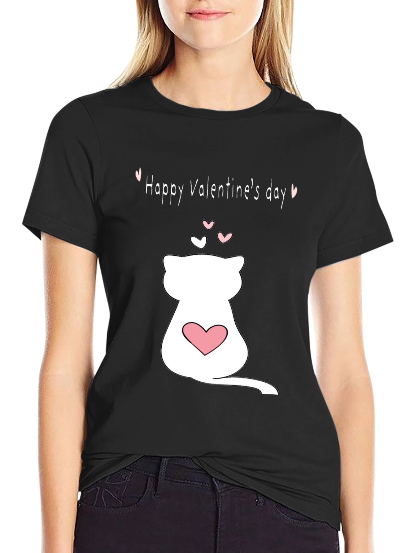 Black Cat Valentine's Day T-Shirt - Black Crew Neck view 2