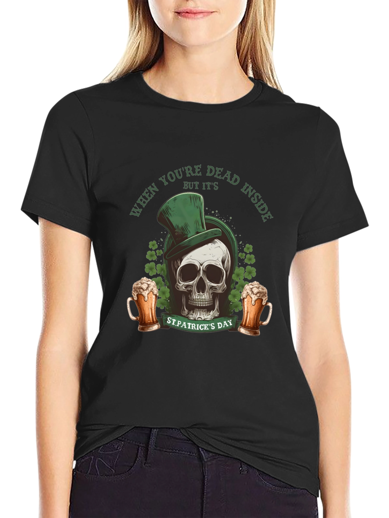 Black St. Patrick's Day Skull T-Shirt - Dead Inside view 2