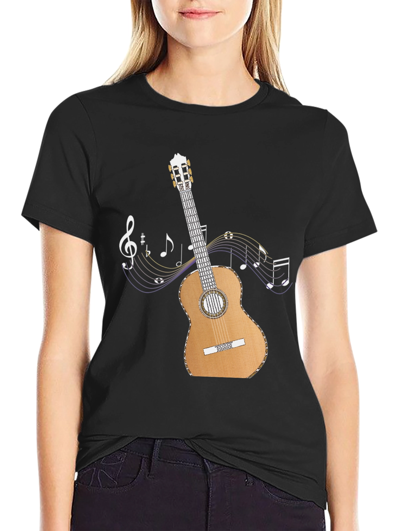 Black Guitar Music Notes Graphic T-Shirt view 2