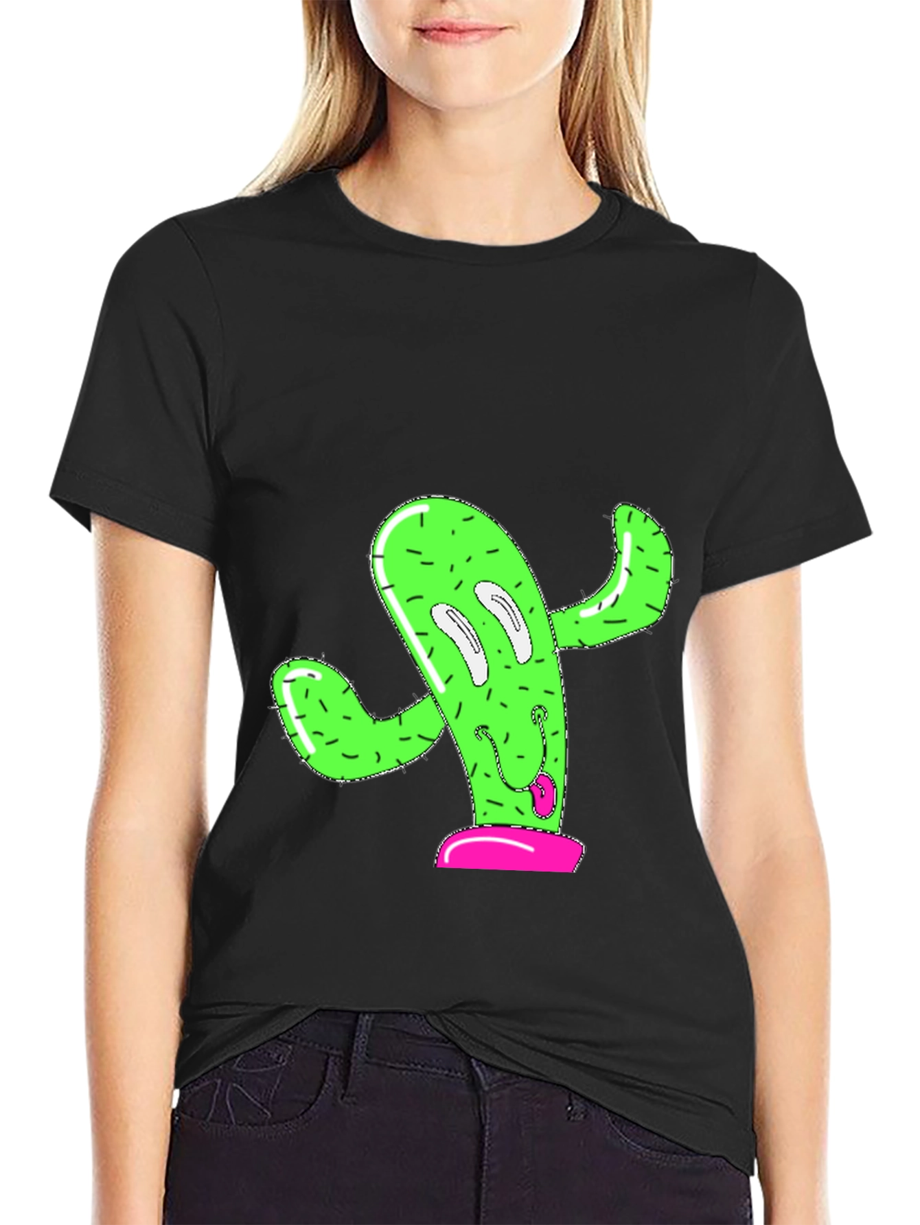 Black Funny Cactus Graphic Tee - Black Cotton T-Shirt view 2