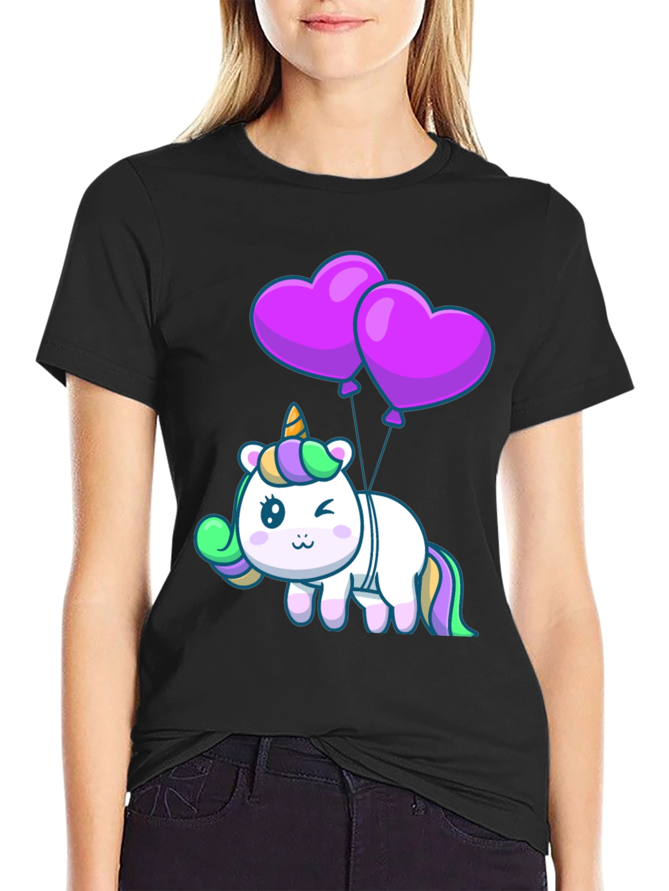 Black Unicorn Heart Balloons Graphic Tee - Black view 2