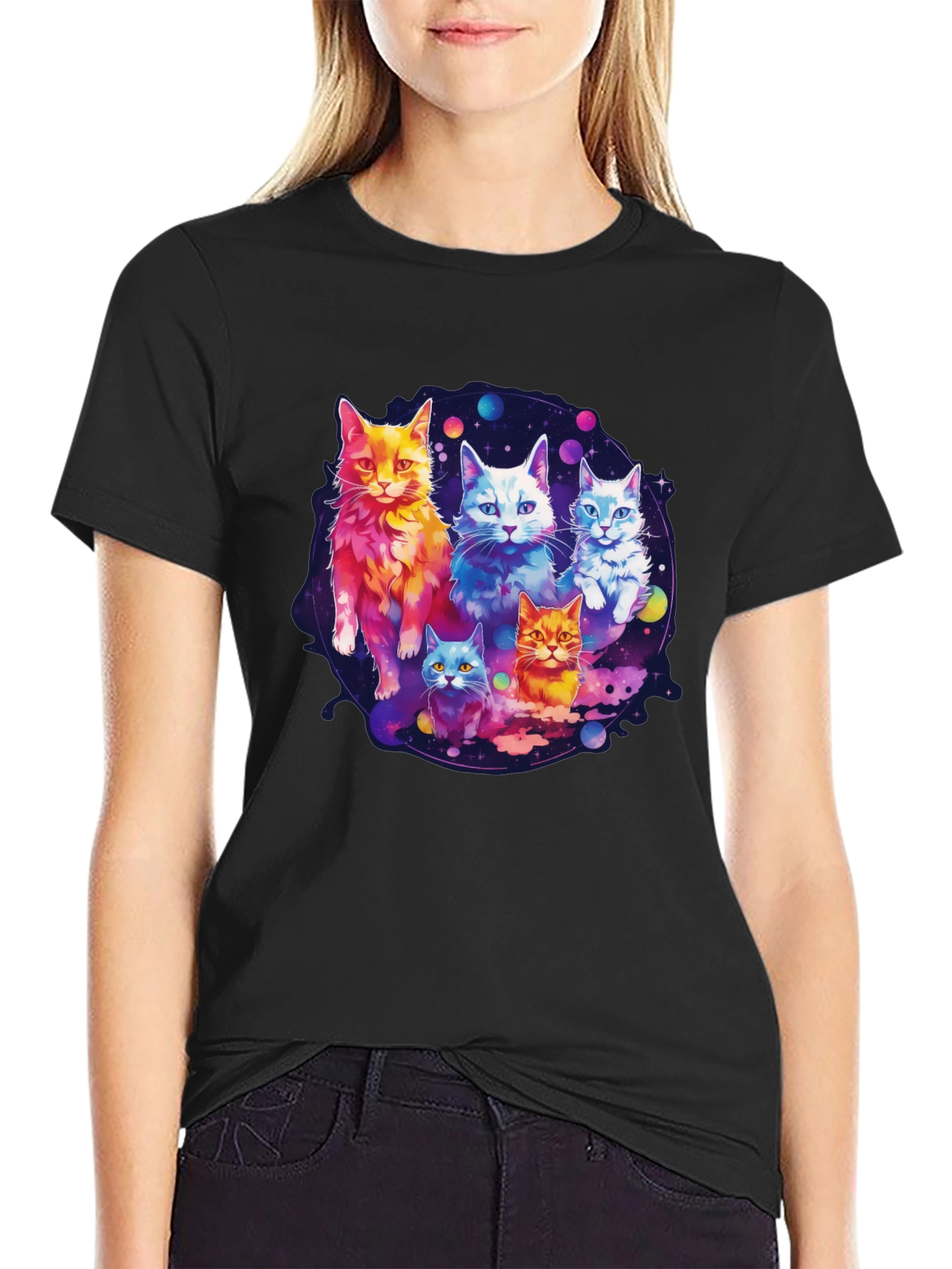 Black Cosmic Cat Crew T-Shirt - Galaxy Feline Design view 2