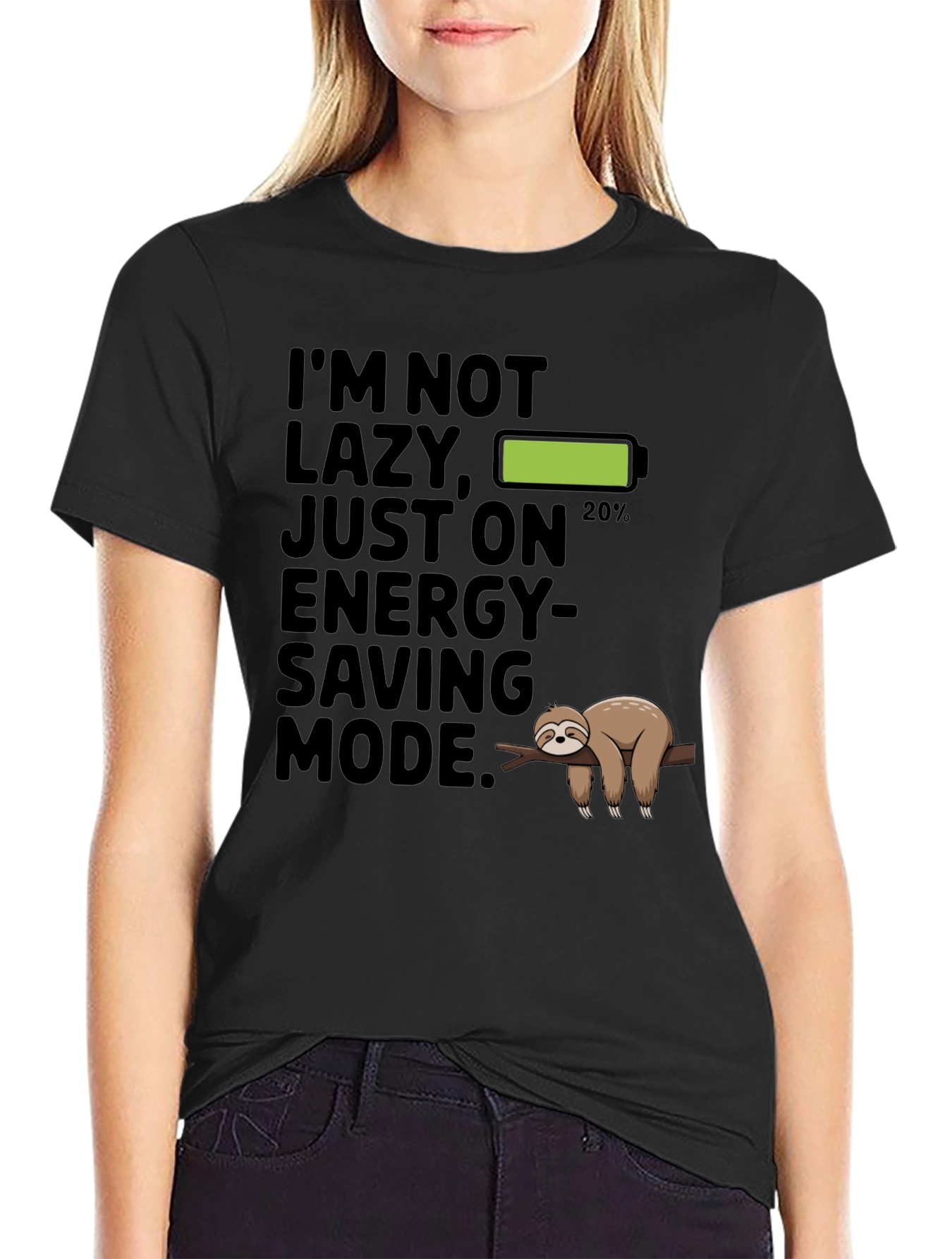 Black Funny Sloth Energy Saving Mode Graphic T-Shirt view 2