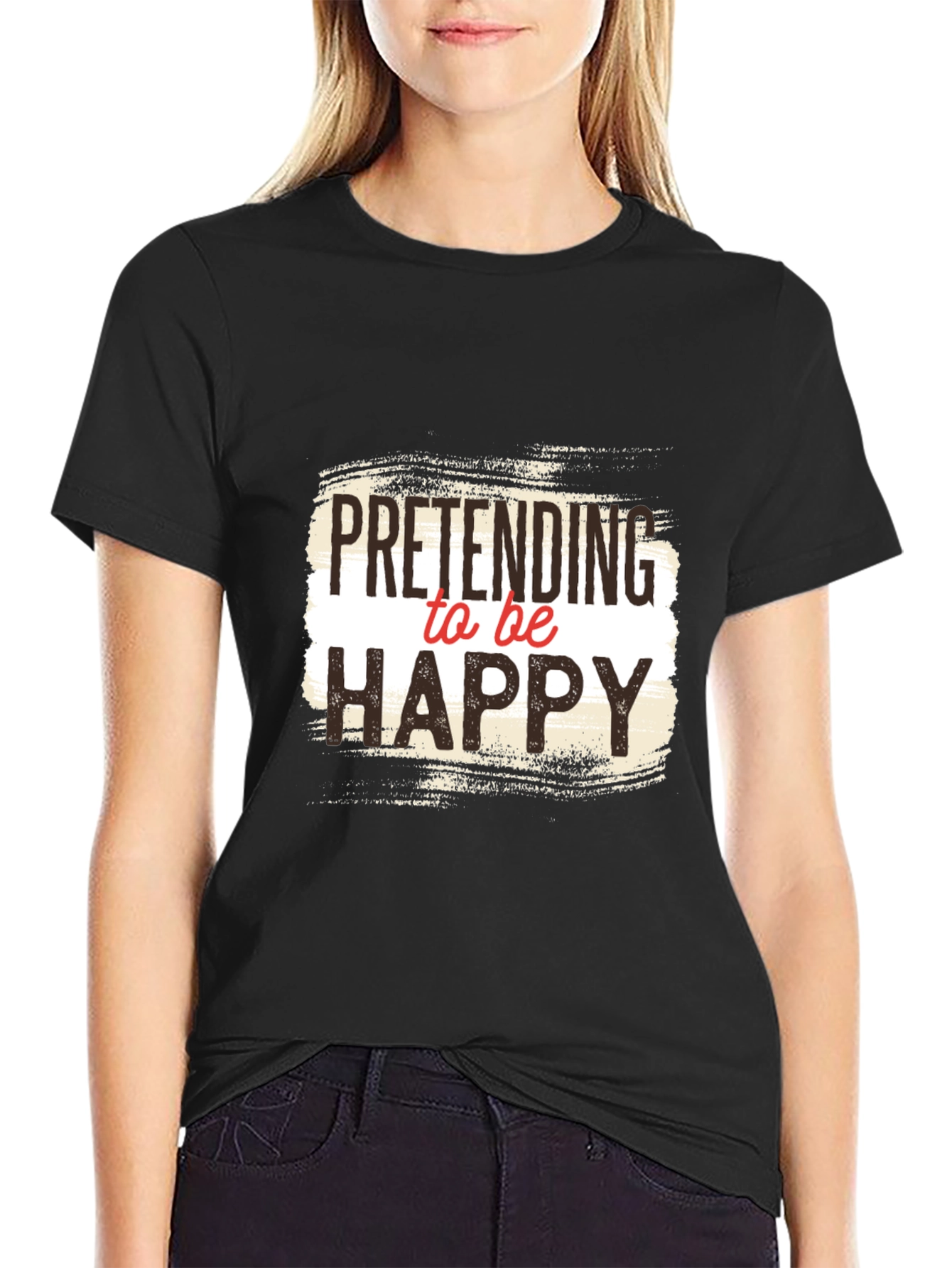 Black Pretending to be Happy Graphic Tee - Unisex Black T-Shirt view 2