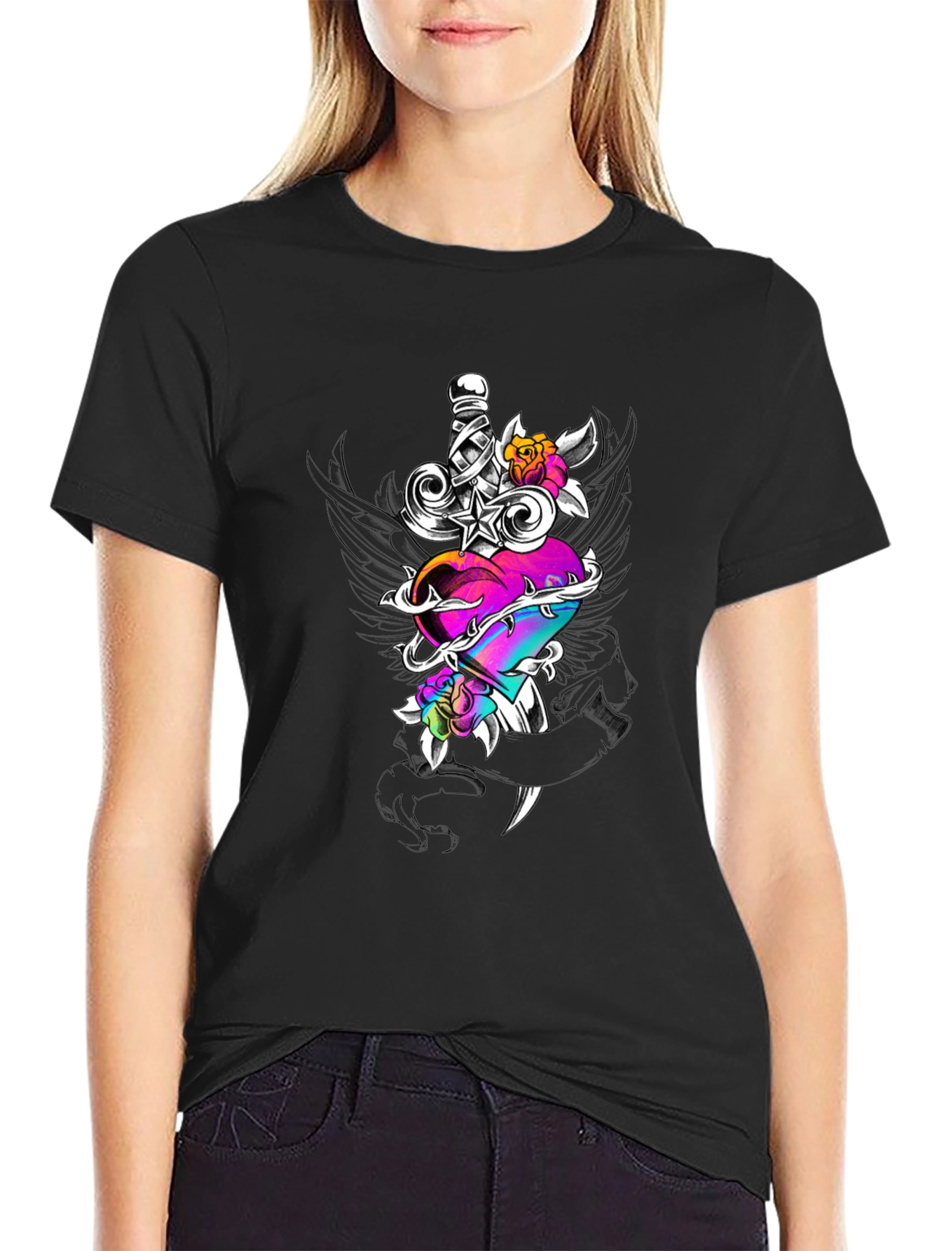 Black Heart & Dagger Graphic Tee - Black Unisex Shirt view 2