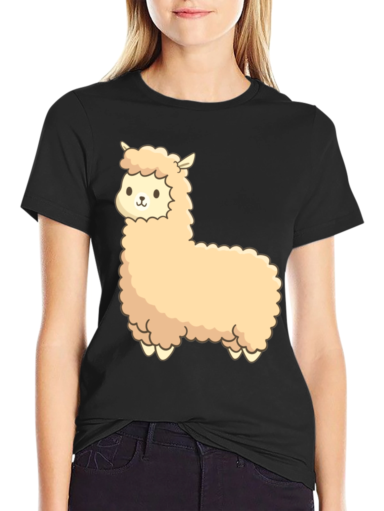 Black Cute Alpaca Graphic Black T-Shirt view 2