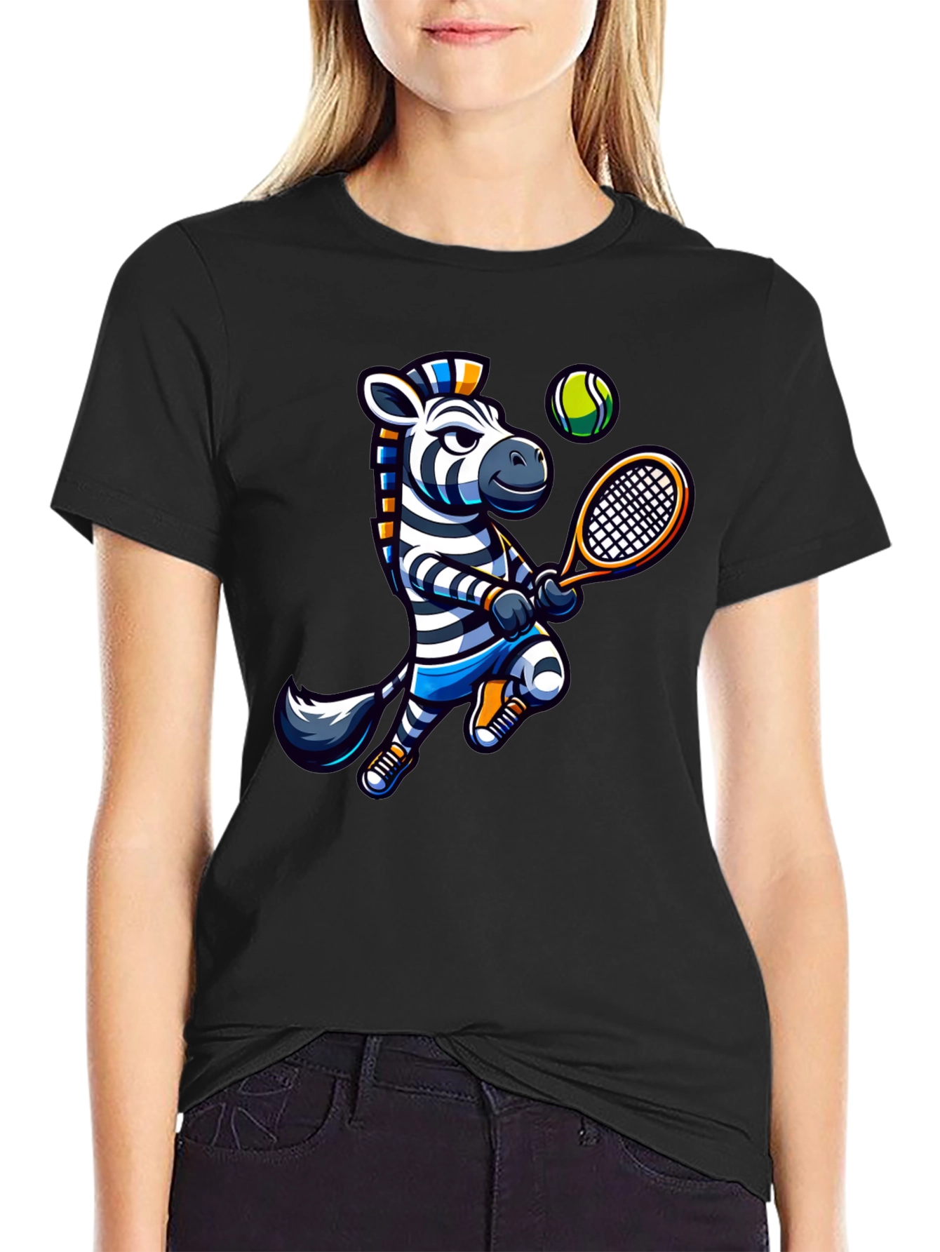 Black Zebra Tennis Graphic T-Shirt - Fun Animal Design view 2