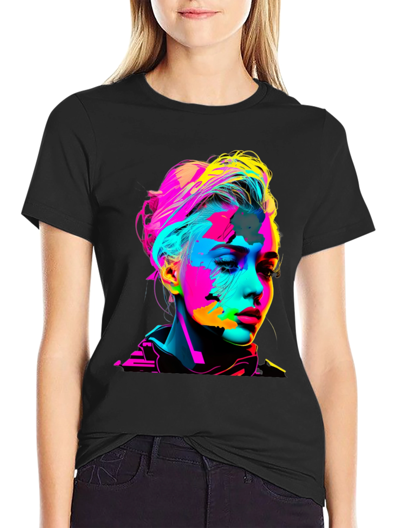 Black Pop Art Woman Graphic Black T-Shirt view 2