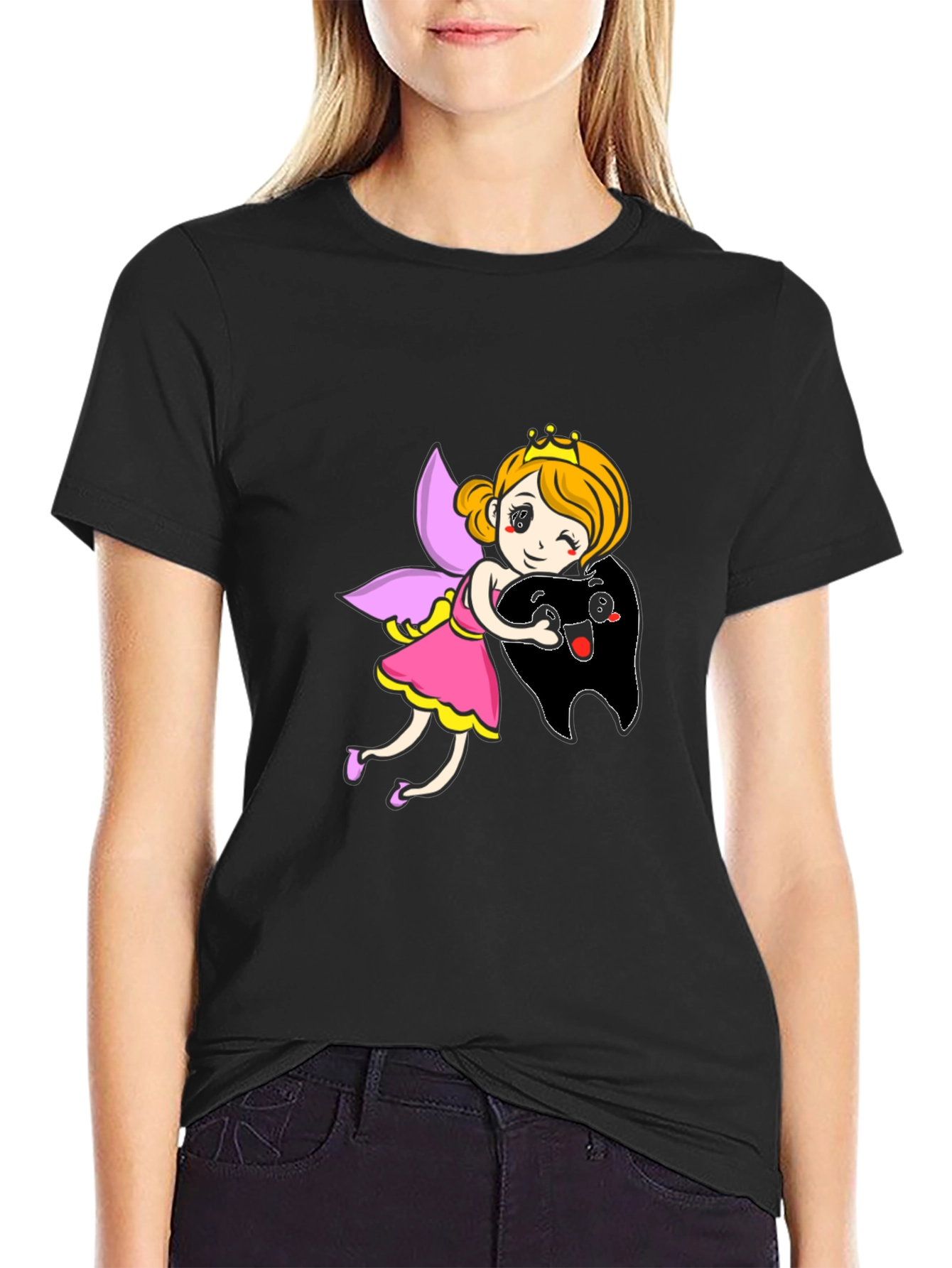 Black Tooth Fairy Hugging Tooth Graphic T-Shirt view 2