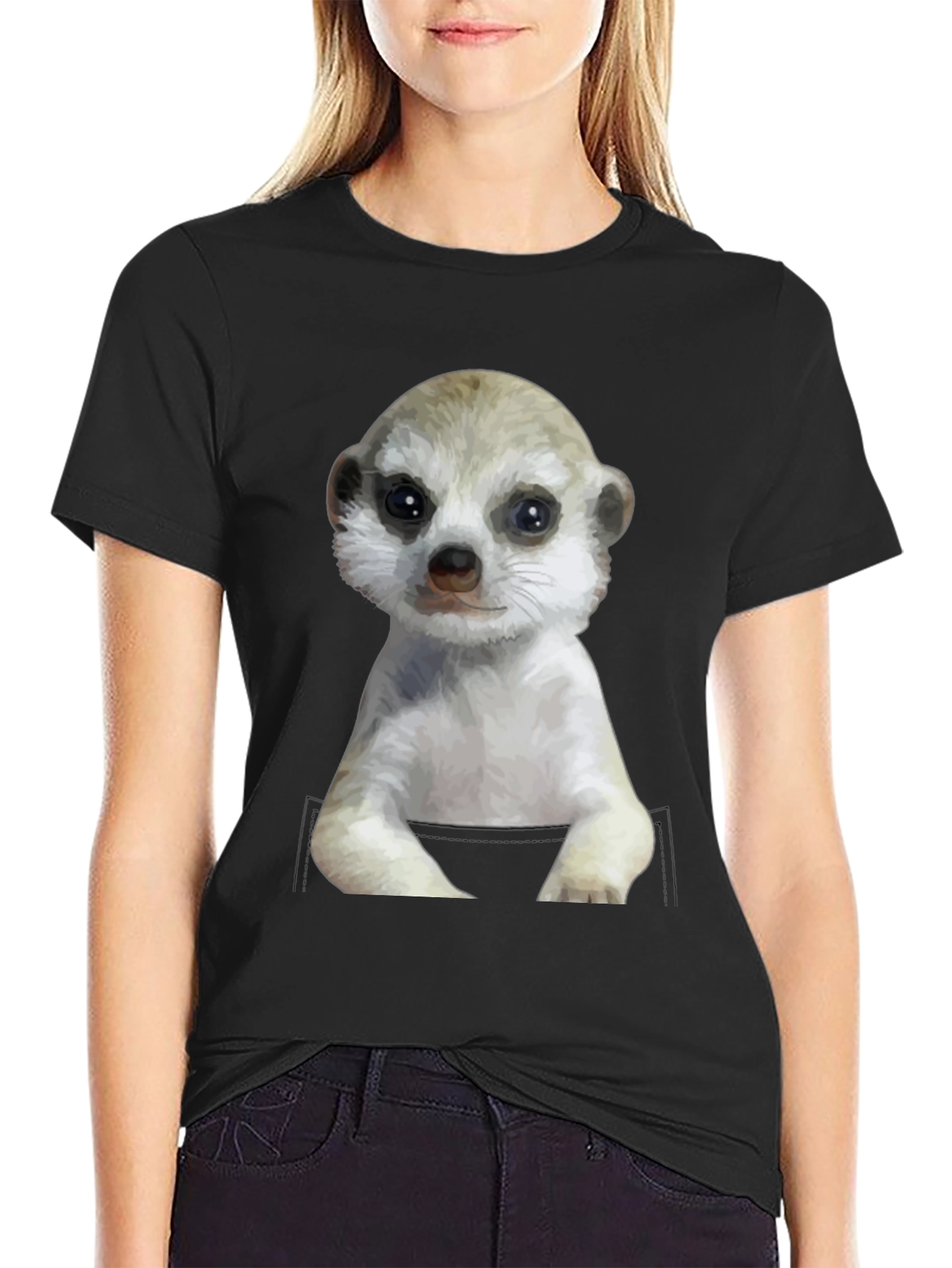 Black Meerkat in Pocket Graphic Tee - Cute Animal T-Shirt view 2