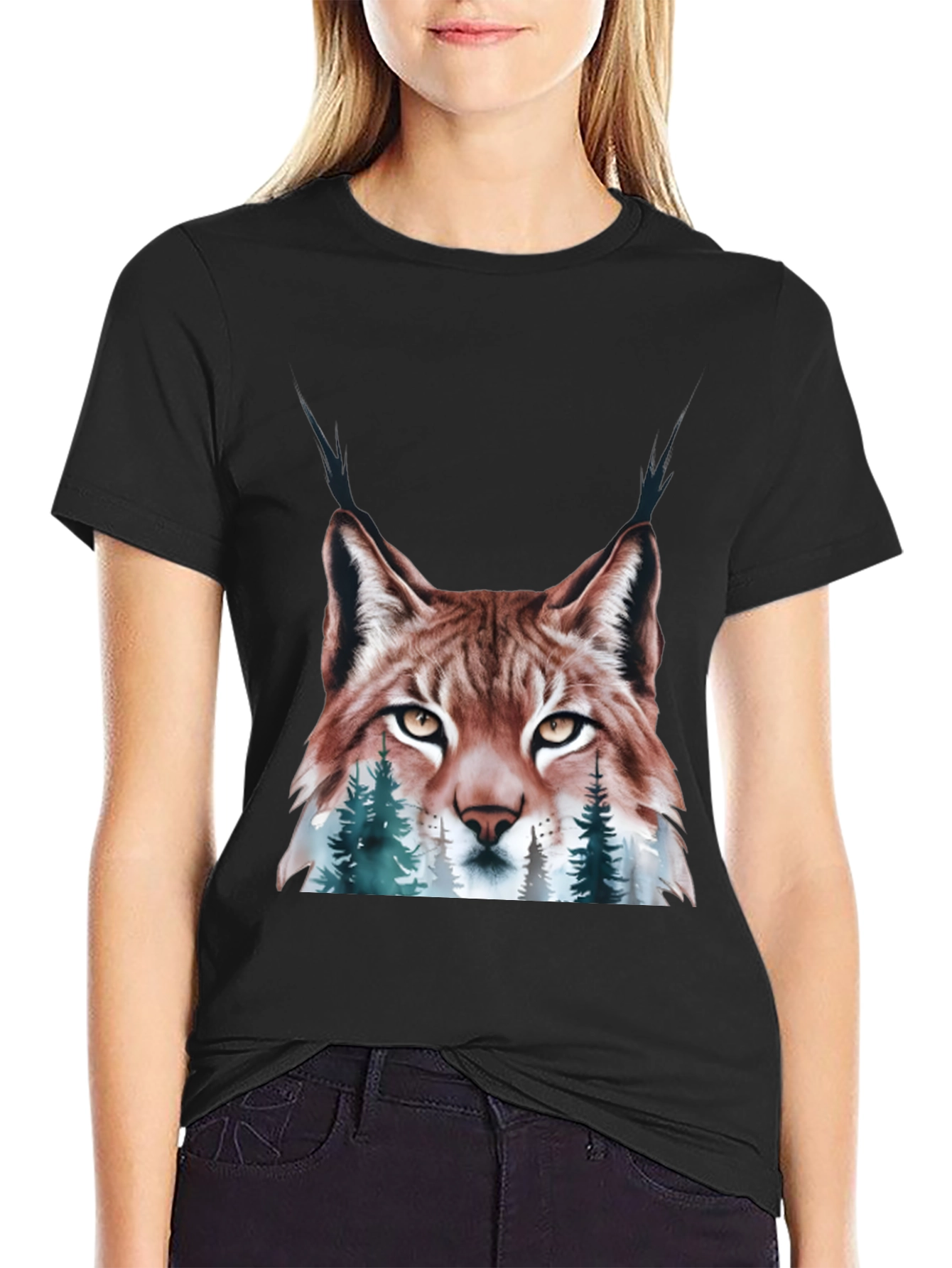 Black Lynx & Forest Graphic Print T-Shirt - Nature Inspired Tee view 2
