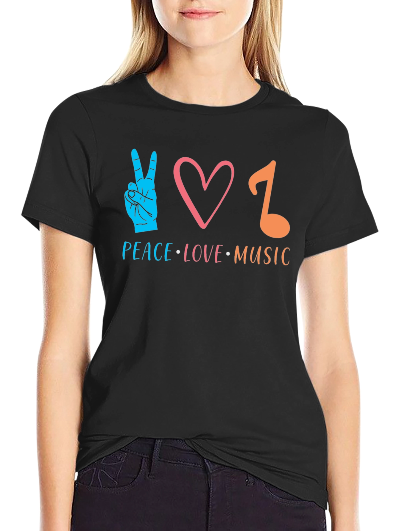 Black Peace Love Music Graphic T-Shirt view 2