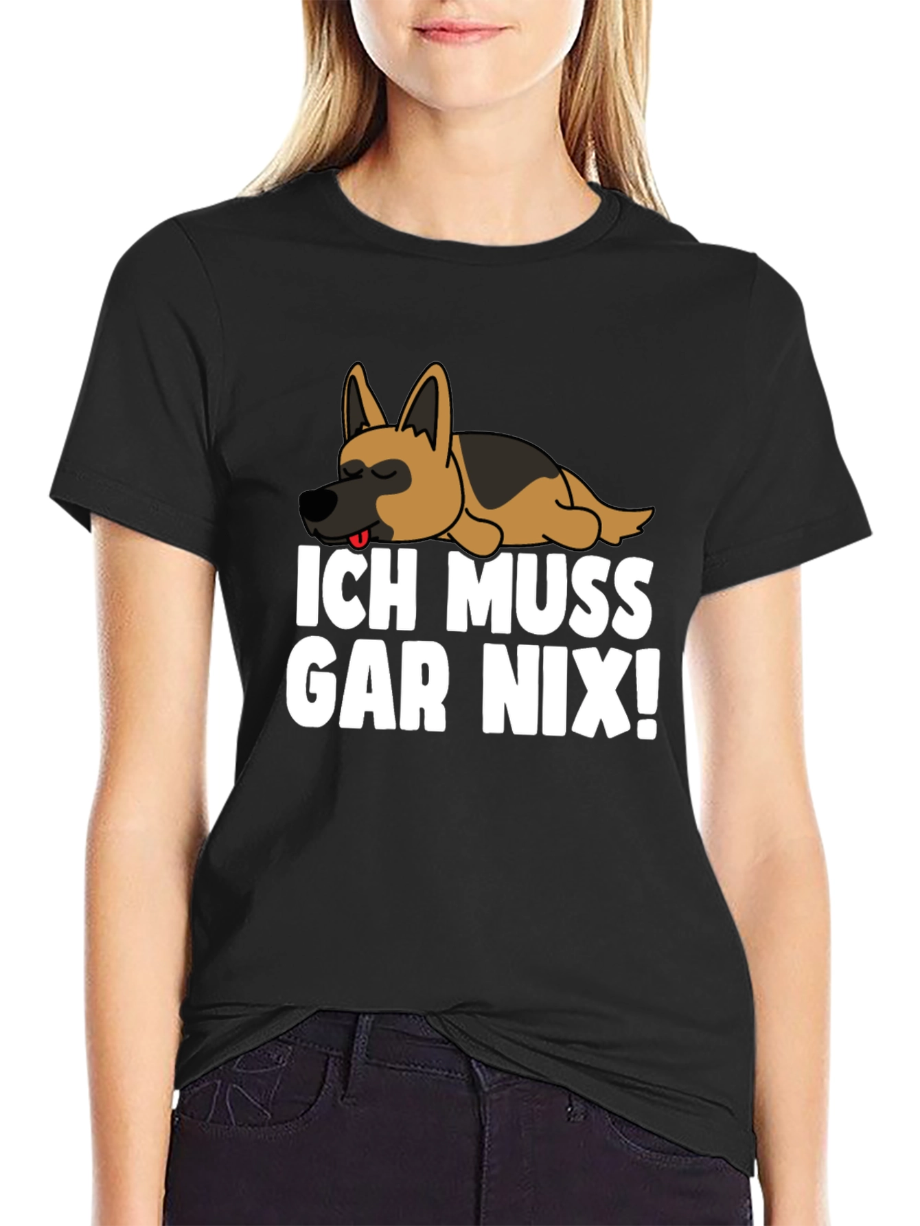 Black Ich Muss Gar Nix! T-Shirt with Sleeping German Shepherd view 2
