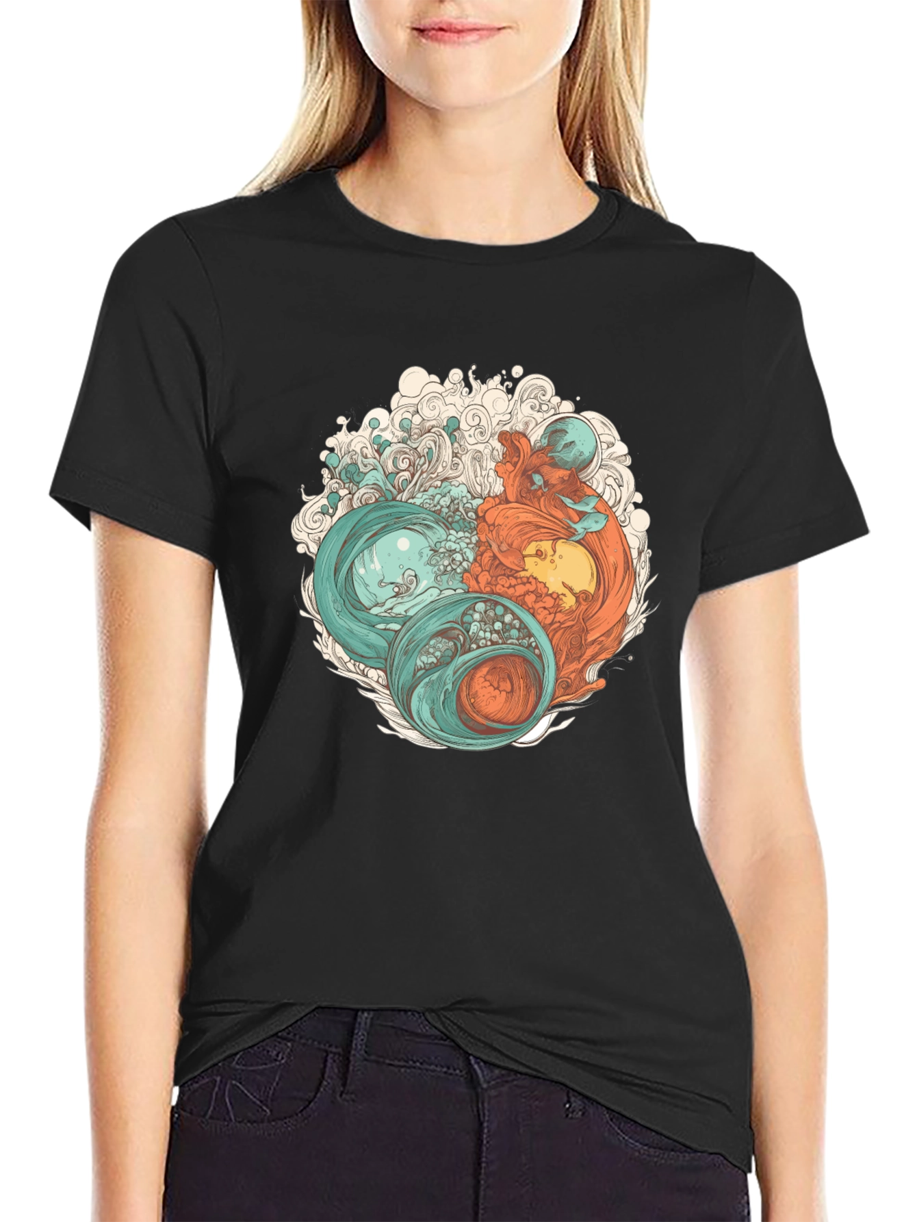 Black Yin Yang Sea Graphic Tee - Soft Cotton Blend view 2