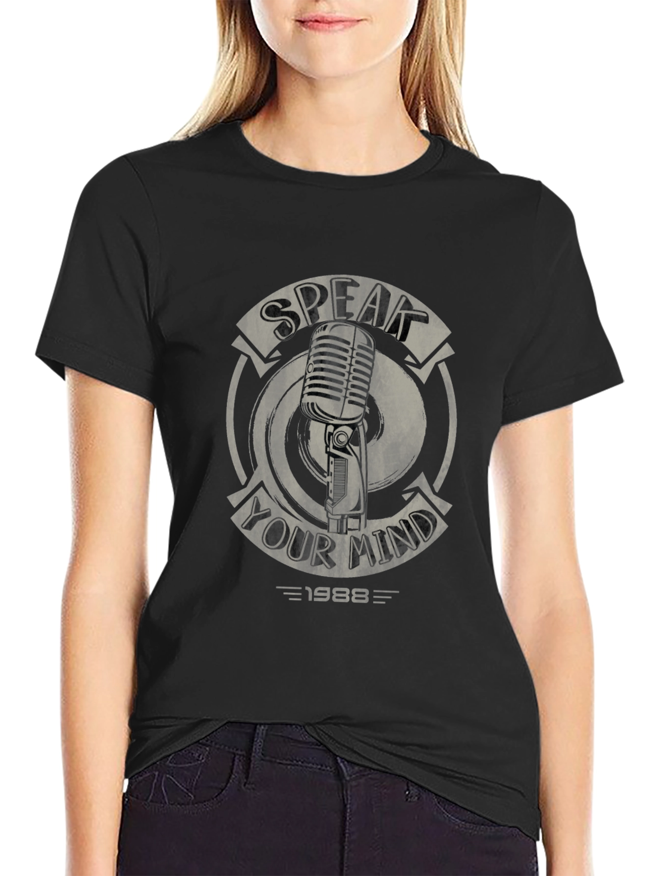 Black Speak Your Mind Graphic Tee - Retro Microphone Design view 2