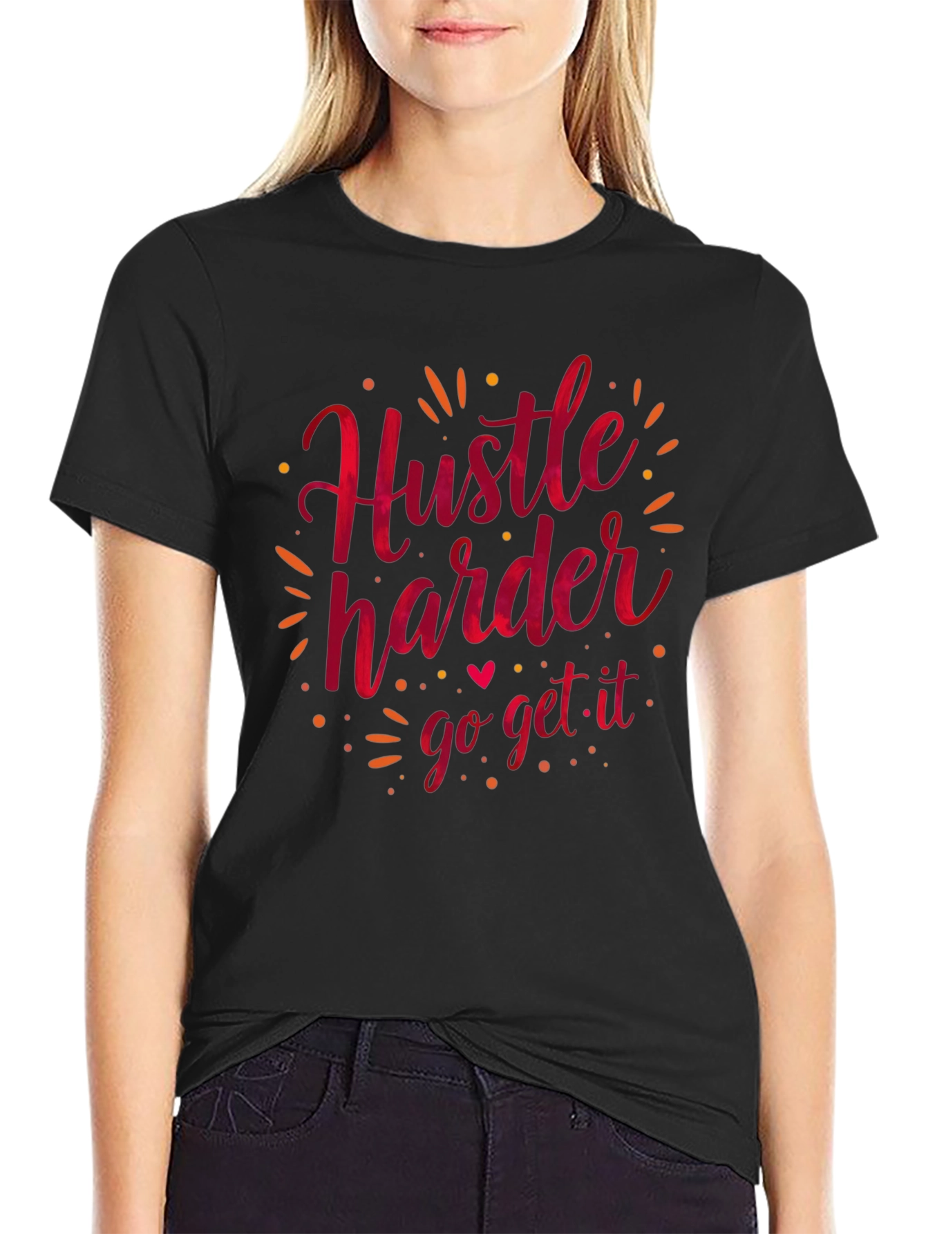 Black Hustle Harder Graphic Tee - Black Casual T-Shirt view 2