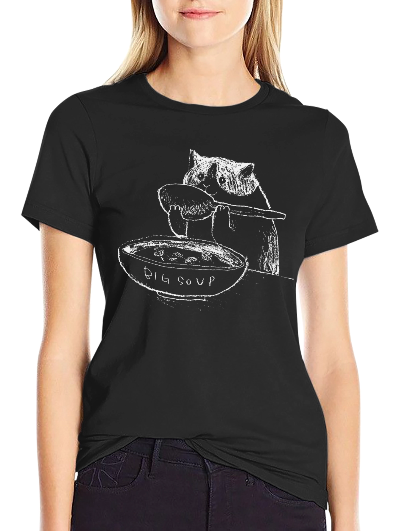 Black Big Soup Cat Graphic Tee - Black Cotton Blend view 2