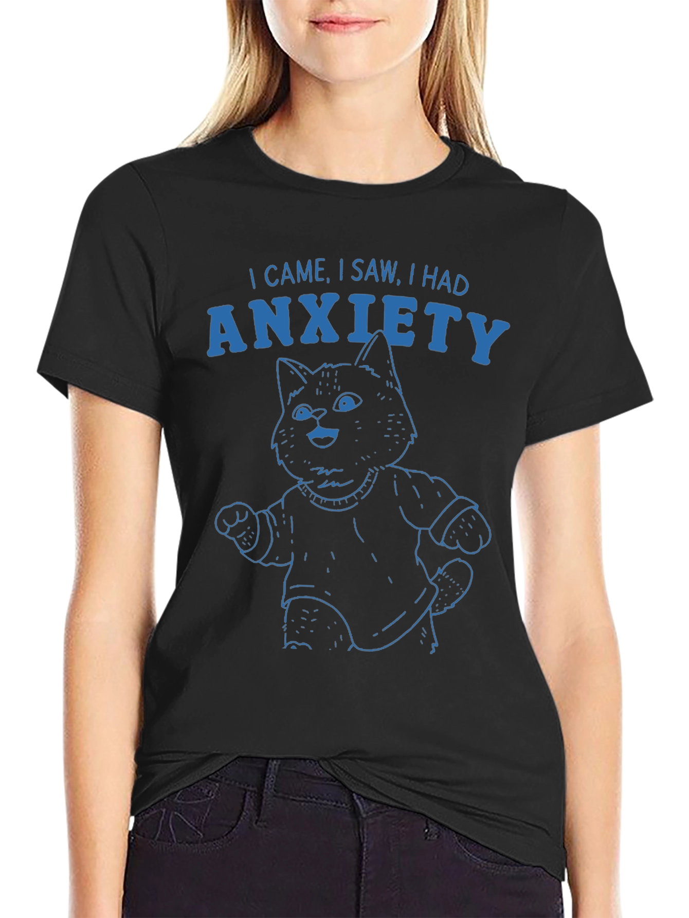 Black Anxiety Cat Graphic T-Shirt - Humorous Tee view 2