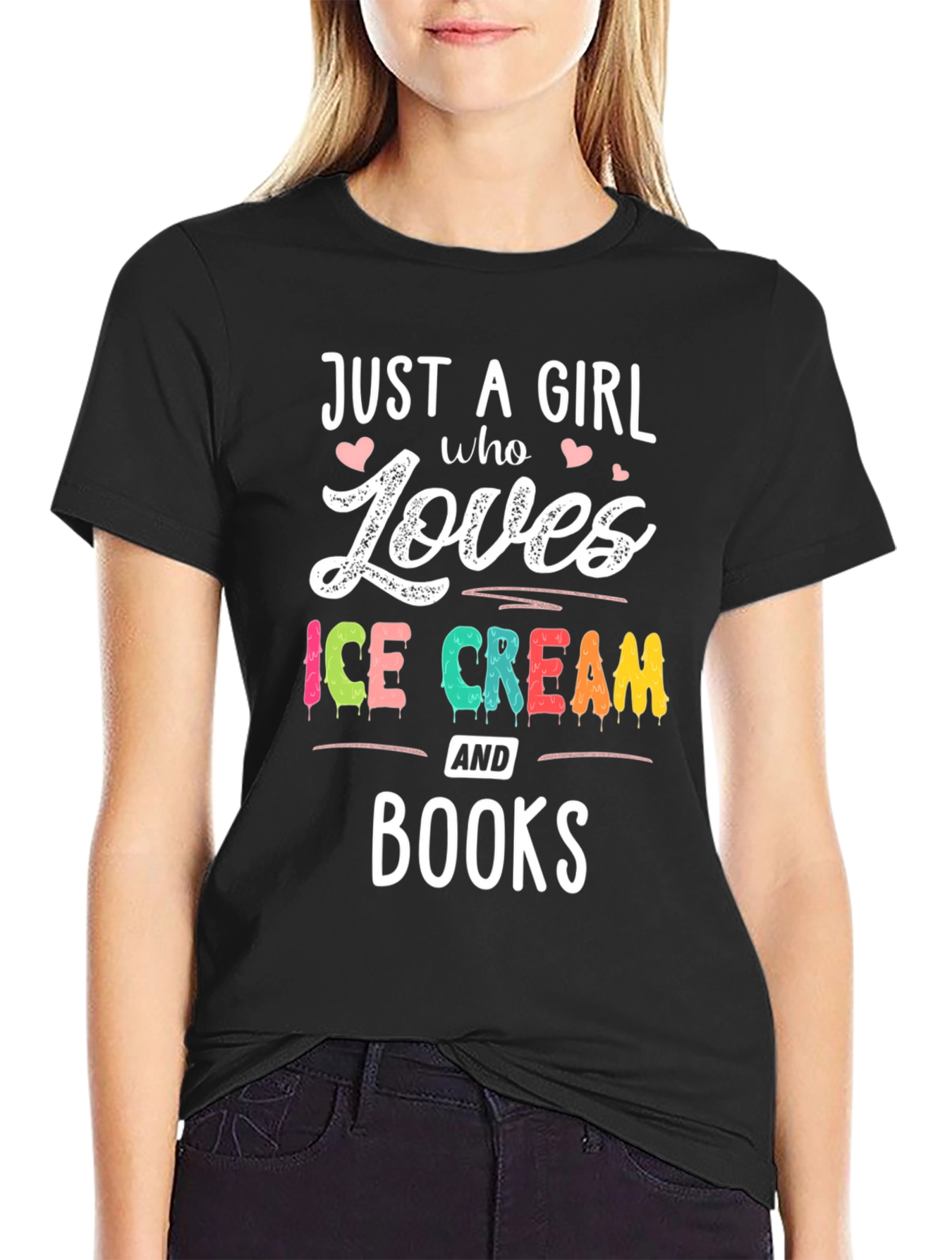 Black Just A Girl Who Loves Ice Cream & Books T-Shirt view 2