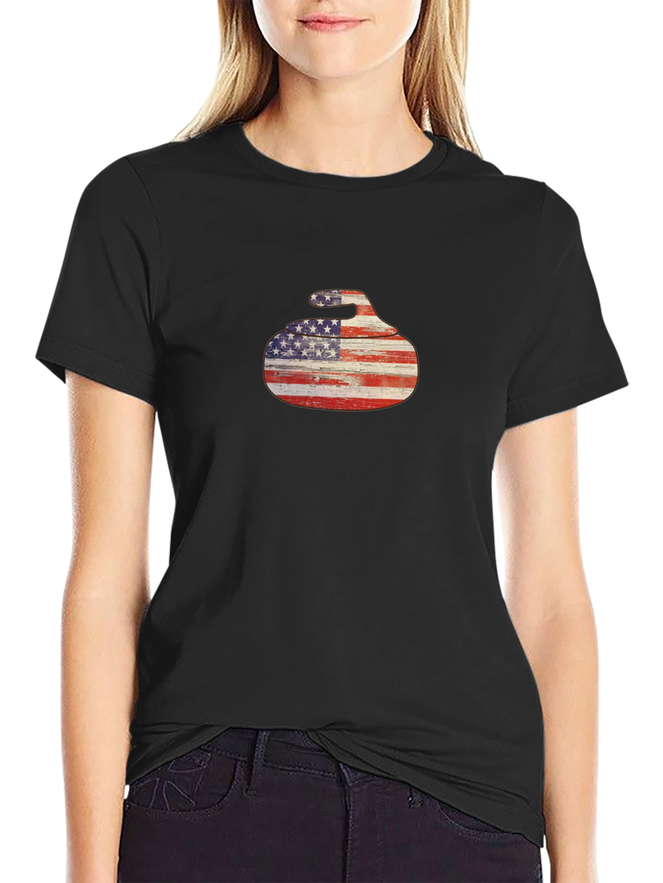 Black USA Flag Curling Stone Black T-Shirt view 2