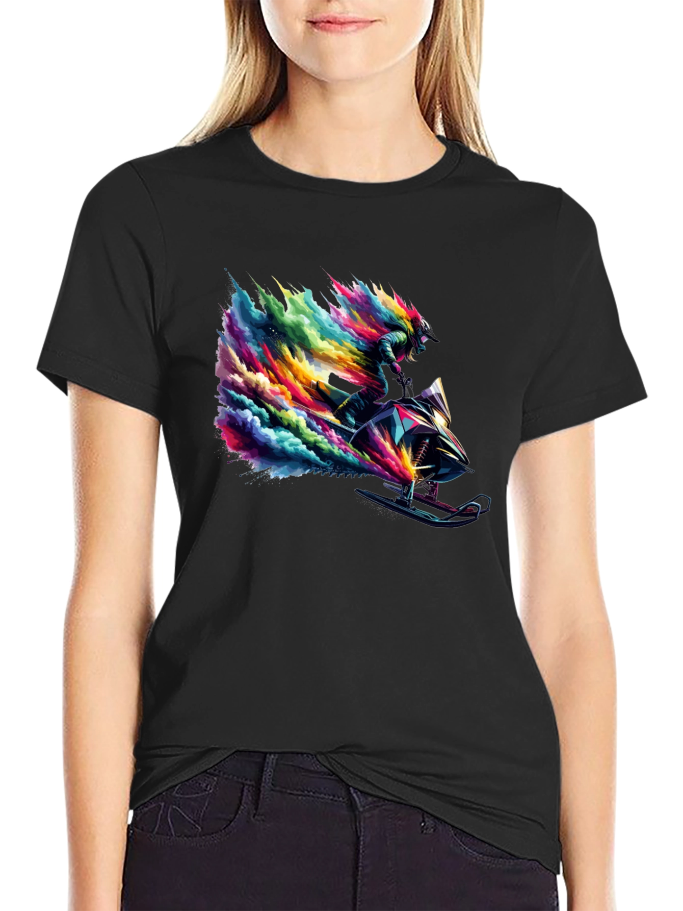 Black Colorful Snowmobile Rider Graphic Tee - Cool Design view 2