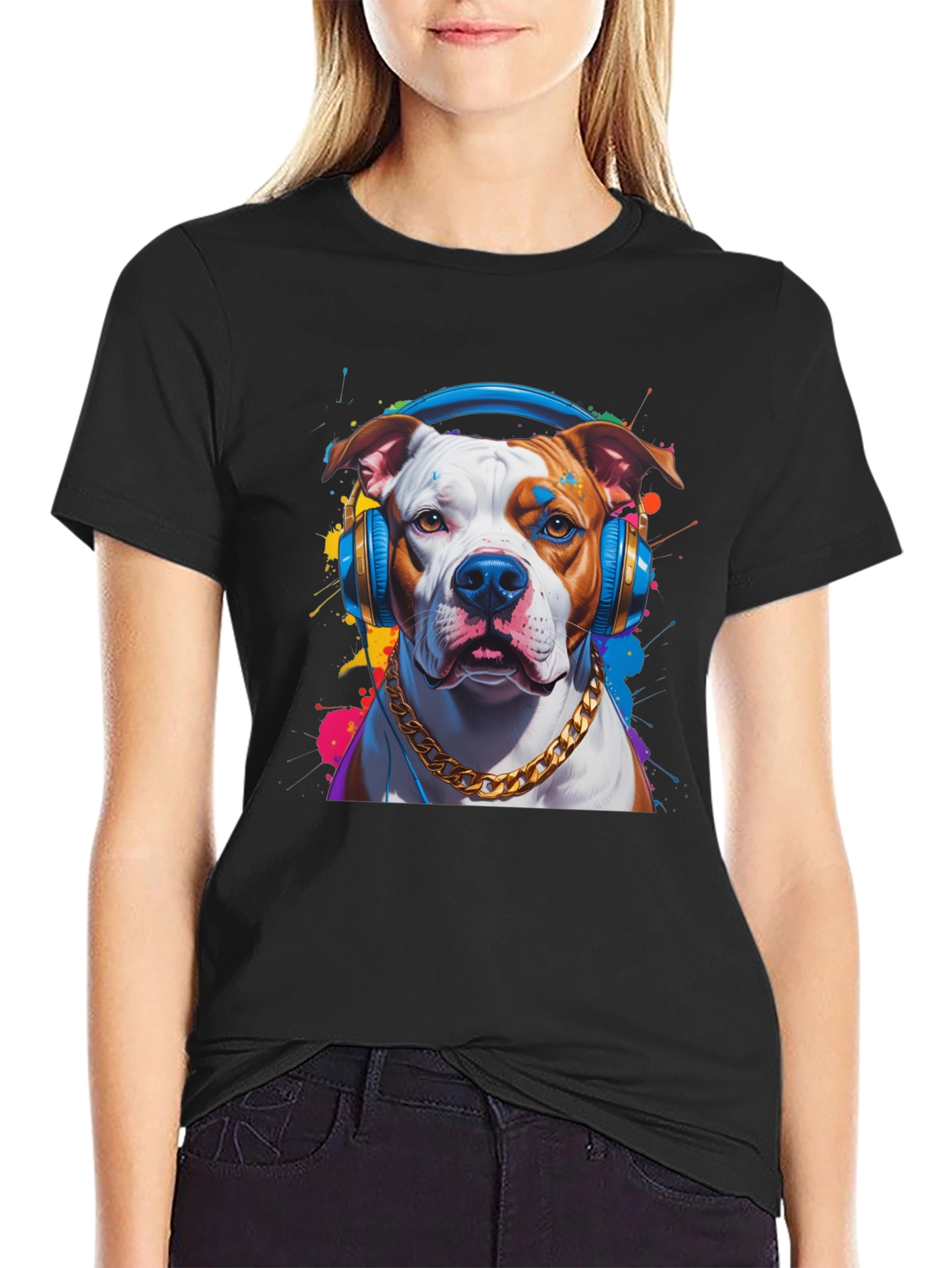 Black Dog with Headphones Graphic T-Shirt view 2