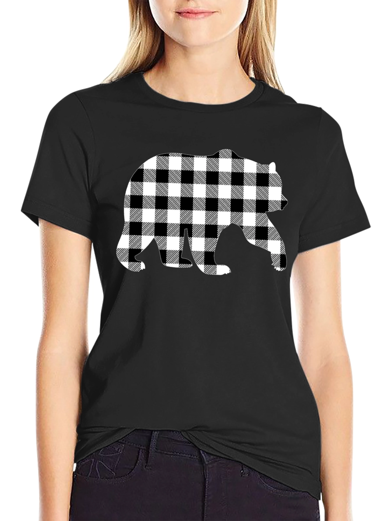 Black Plaid Bear Graphic Tee - Stylish Men's Black T-Shirt view 2