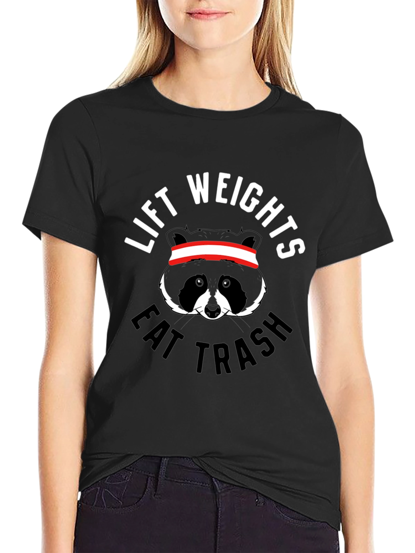 Black Lift Weights Eat Trash Raccoon Graphic Tee view 2