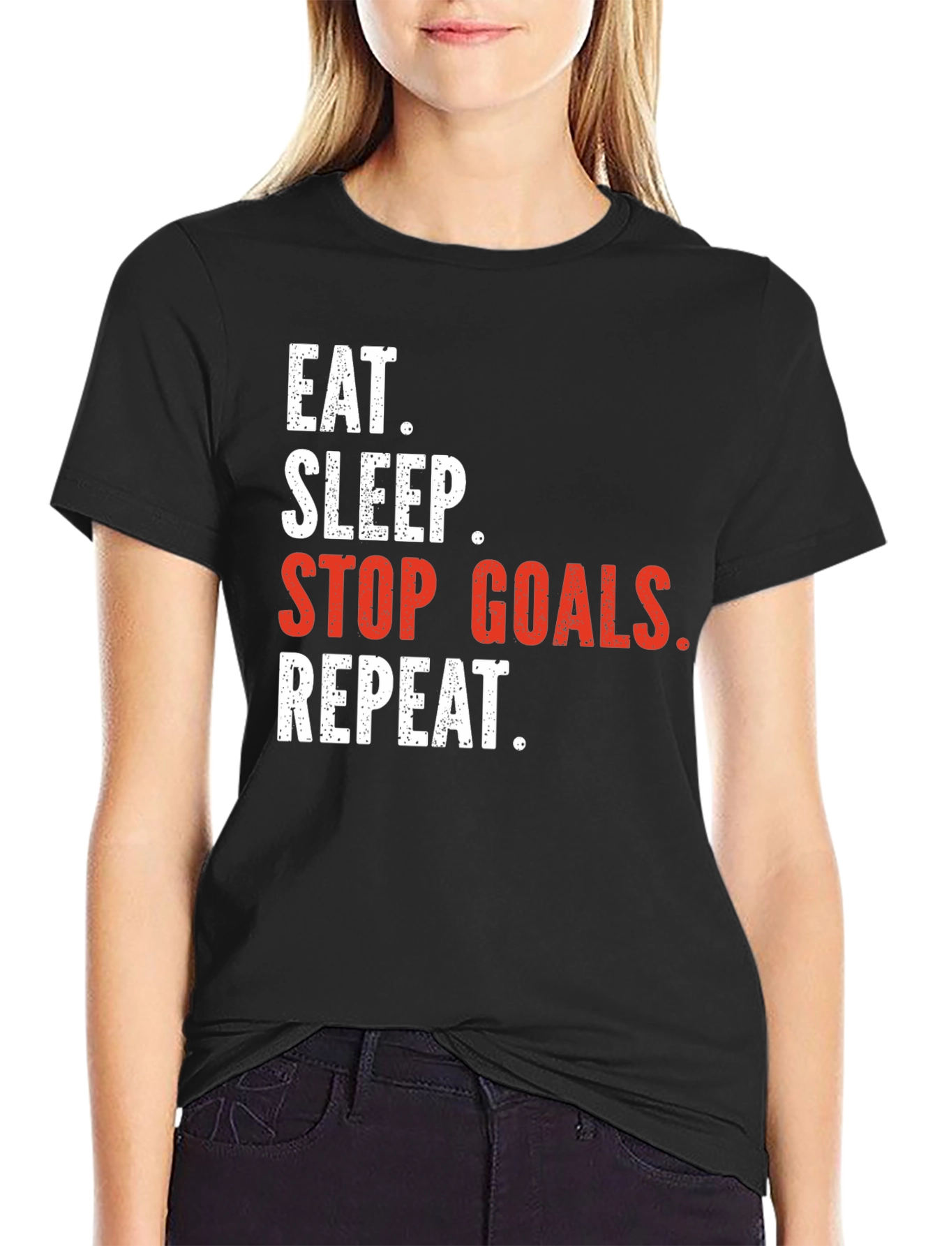 Black Eat Sleep Stop Goals Repeat T-Shirt view 2