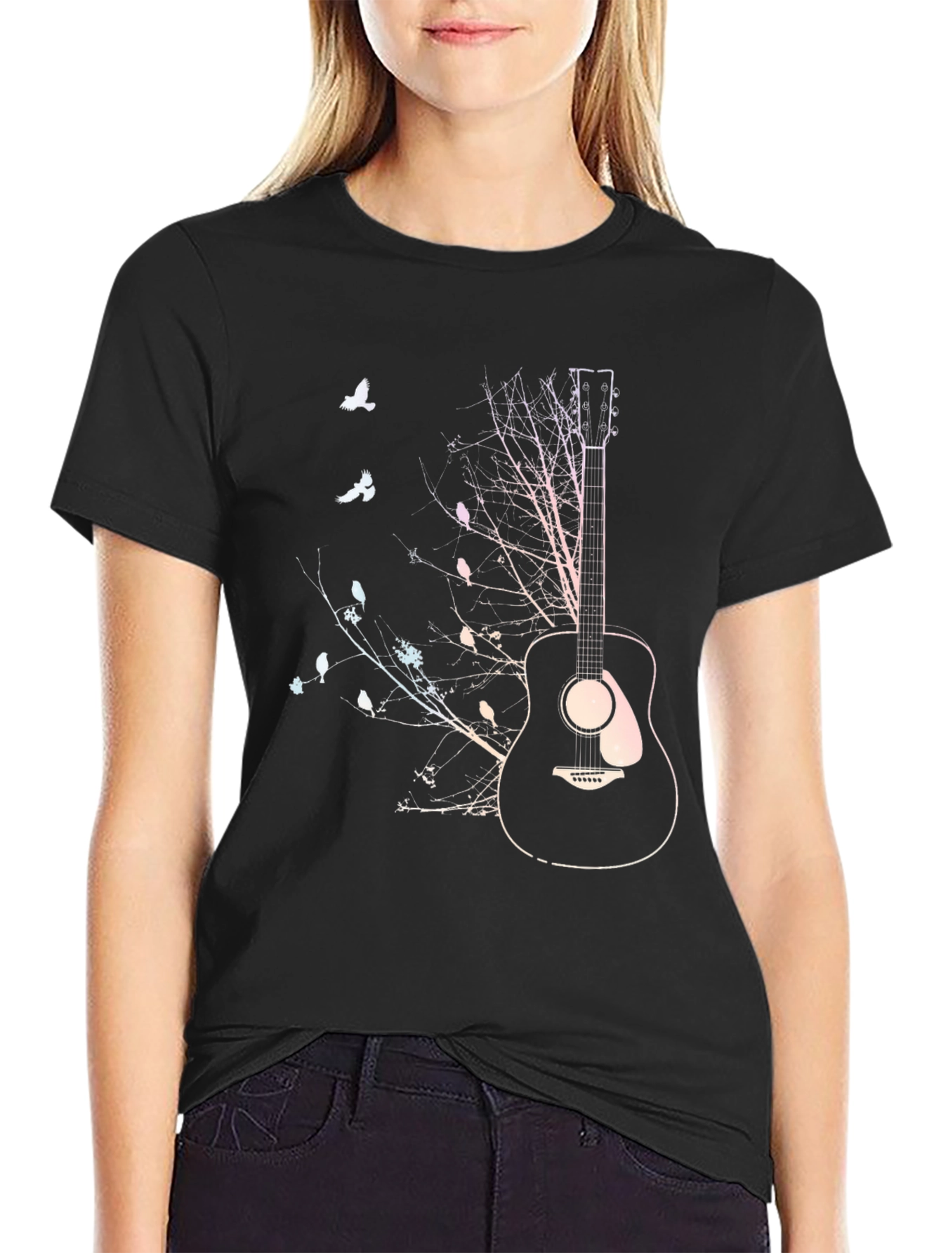 Black Guitar and Birds Graphic Black T-Shirt view 2