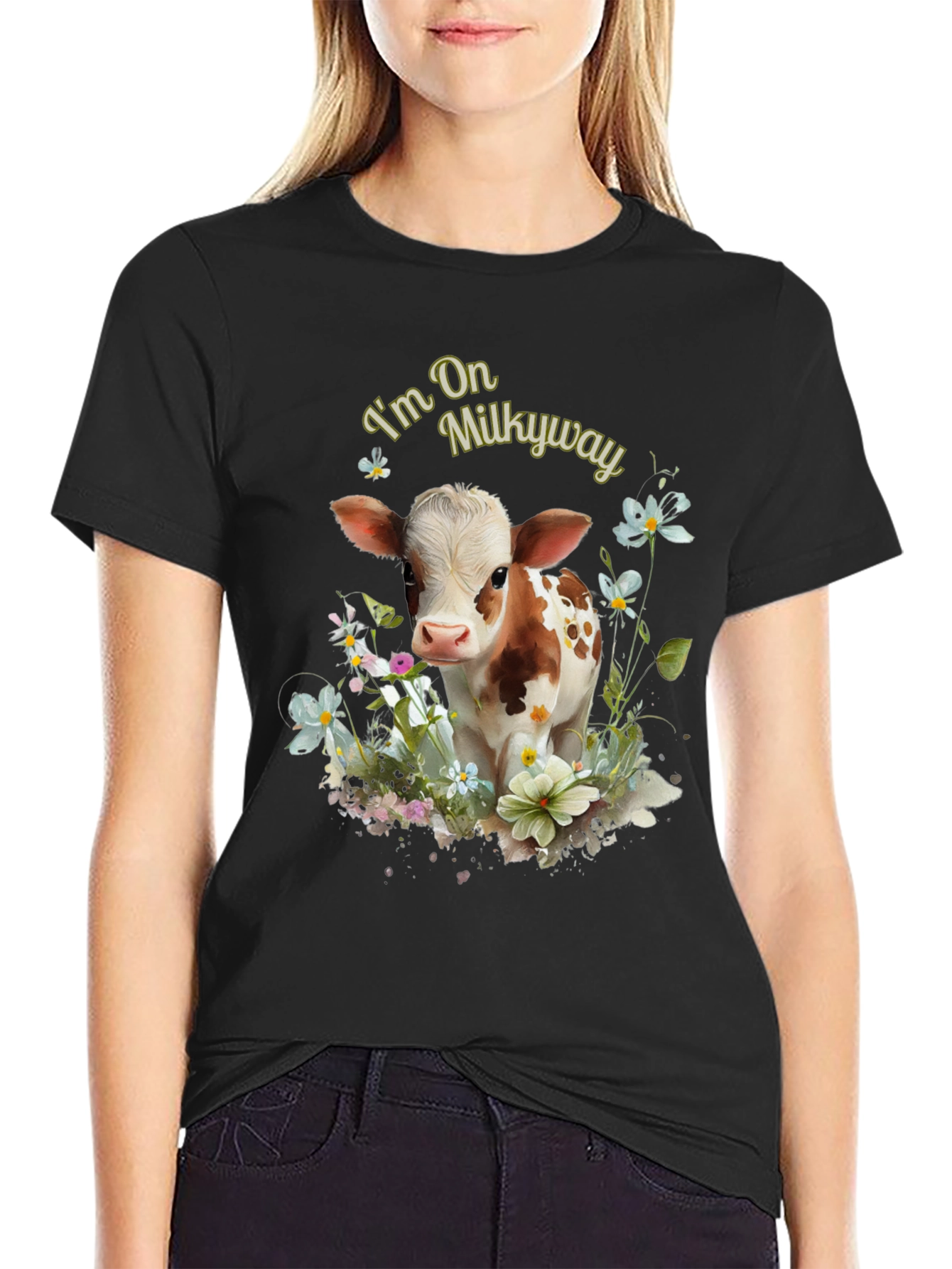 Black I'm On Milkyway Cute Cow Graphic Tee view 2