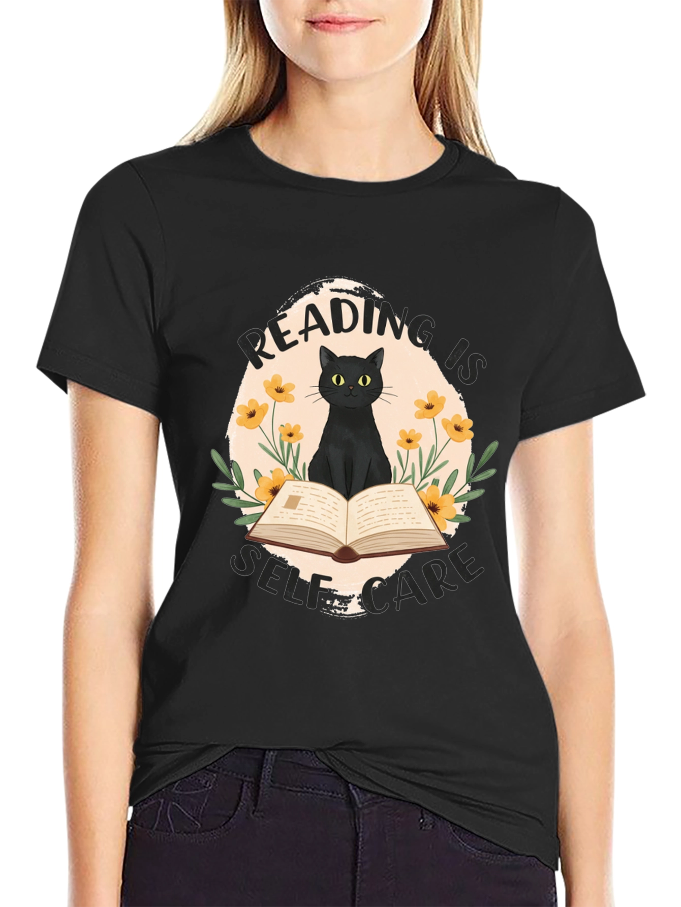 Black Reading is Self-Care Cat Graphic T-Shirt view 2