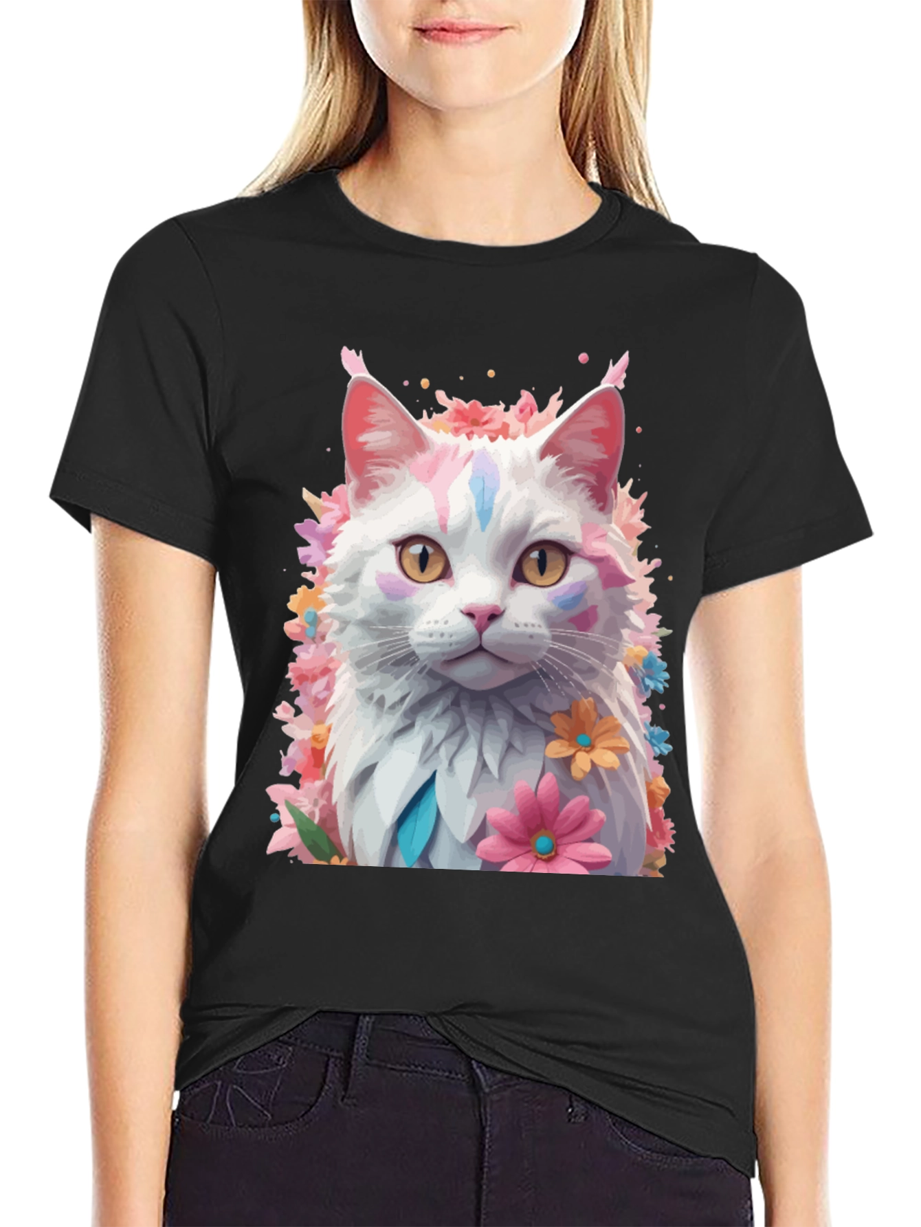 Black Floral Cat T-Shirt - Artistic Graphic Tee view 2