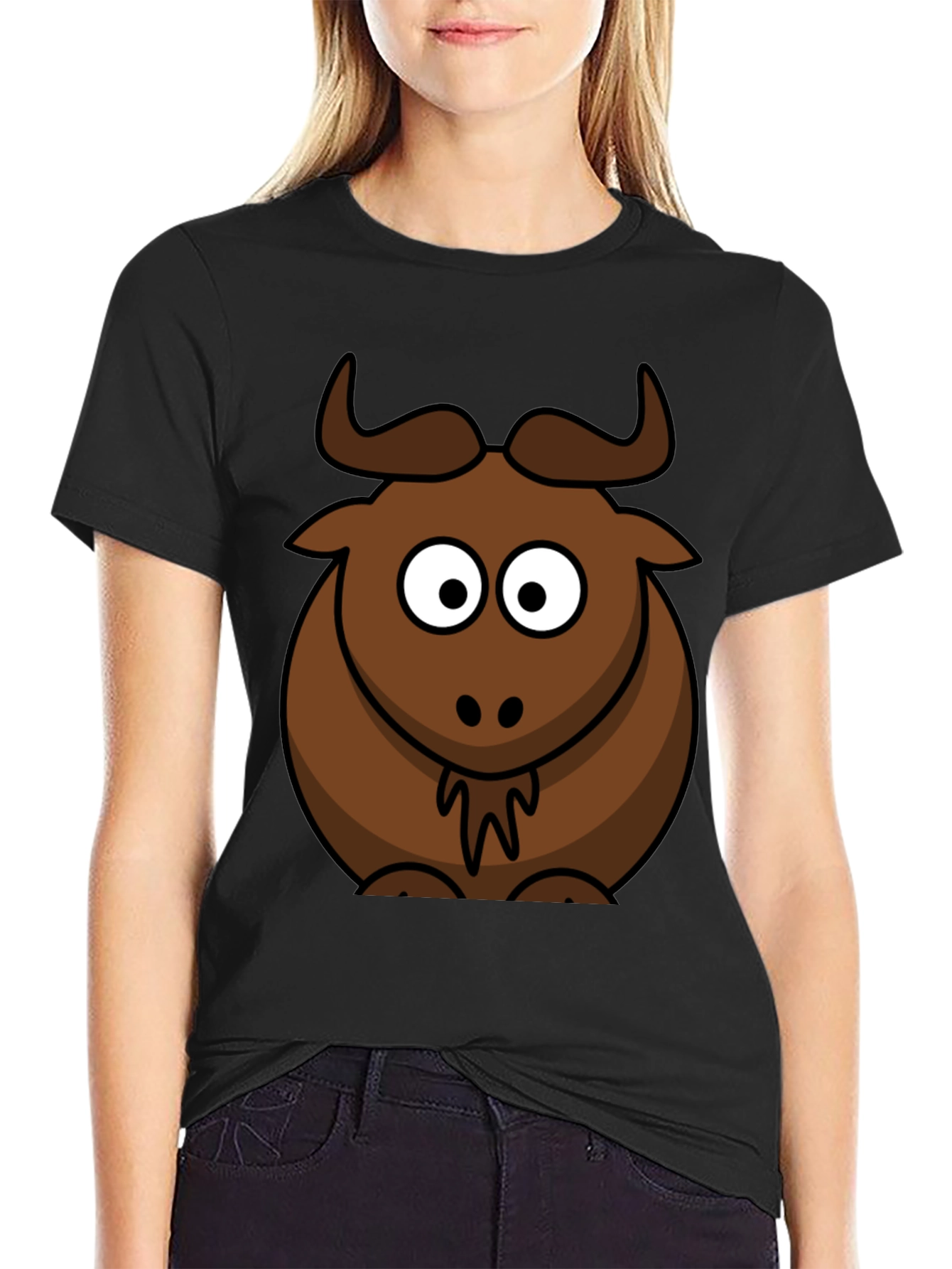 Black Cartoon Bull Graphic Tee - Black Cotton T-Shirt view 2