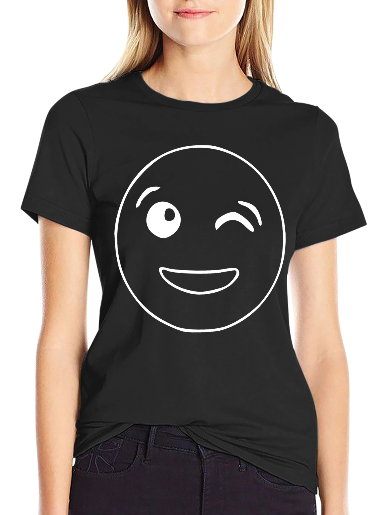 Black Winking Emoji Graphic Tee - Black Cotton T-Shirt view 2