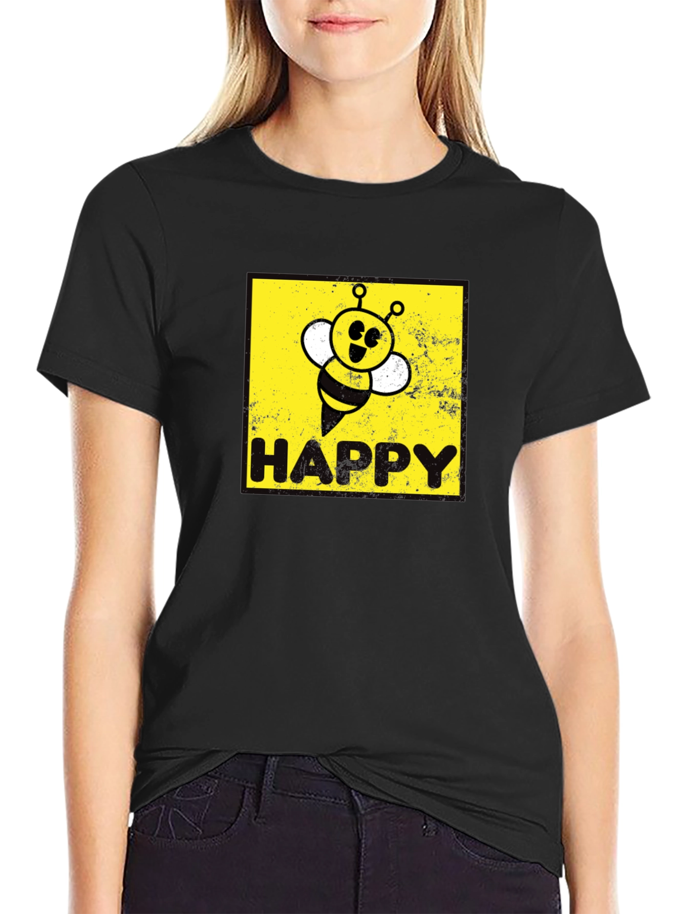 Black Happy Bee Graphic Tee - Black Cotton Blend view 2