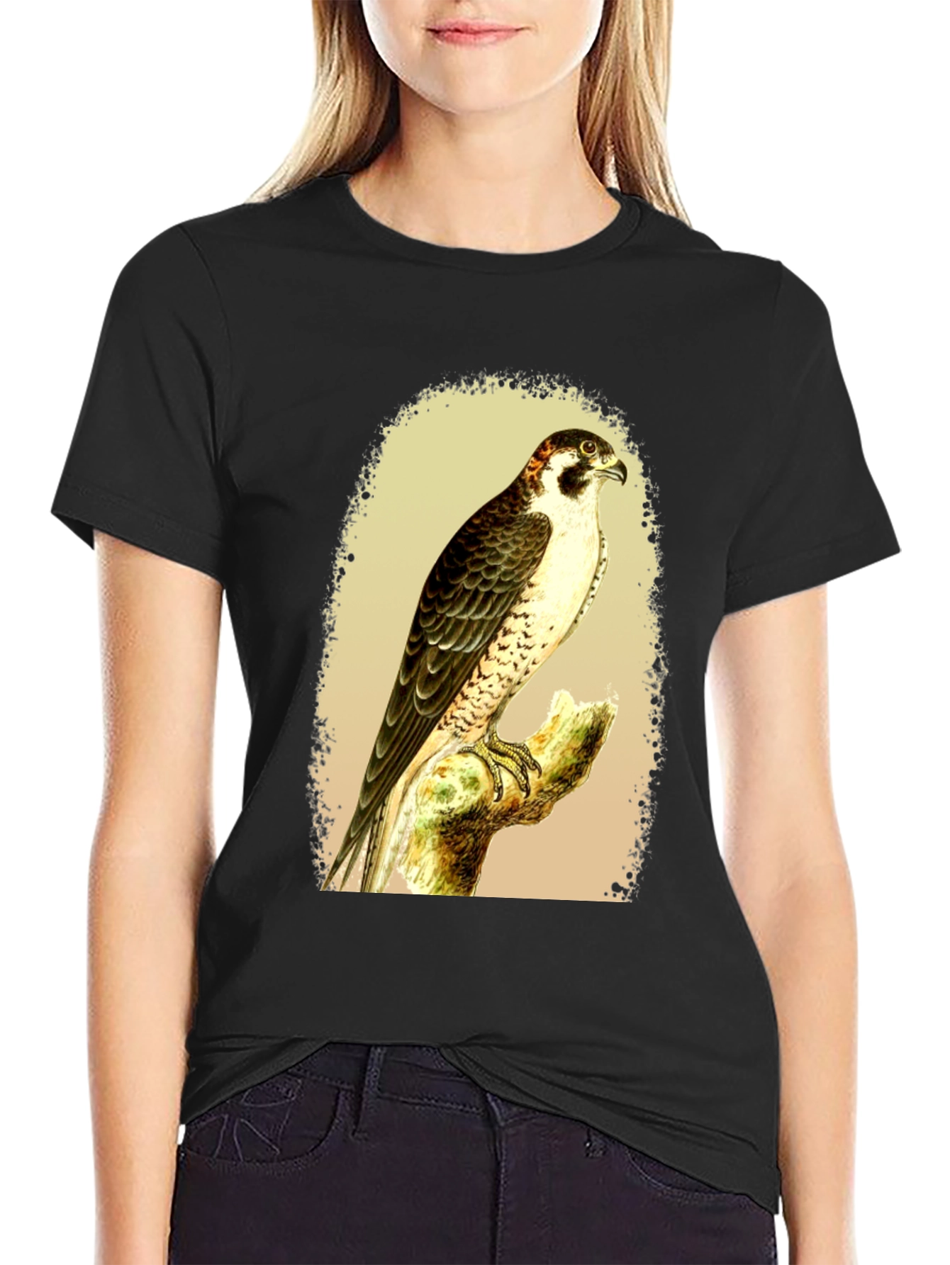 Black Falcon Graphic Tee - Vintage Bird Illustration T-Shirt view 2