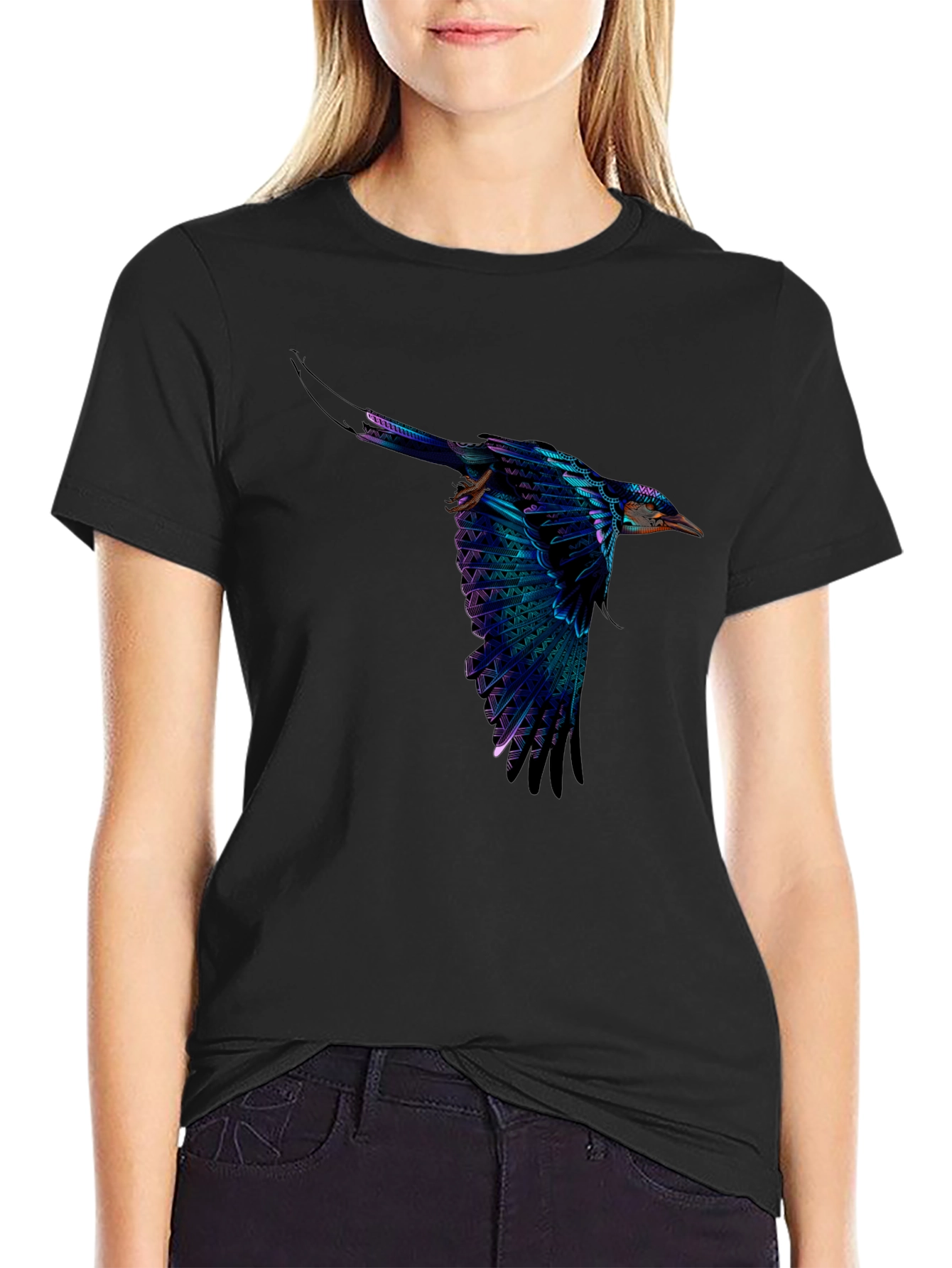 Black Vivid Flying Bird Graphic Black T-Shirt view 2