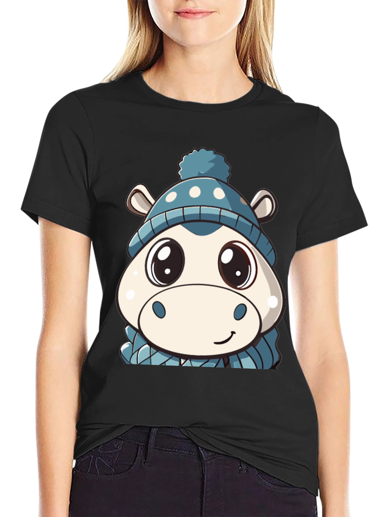 Black Cute Hippo in Hat Graphic Black T-Shirt view 2