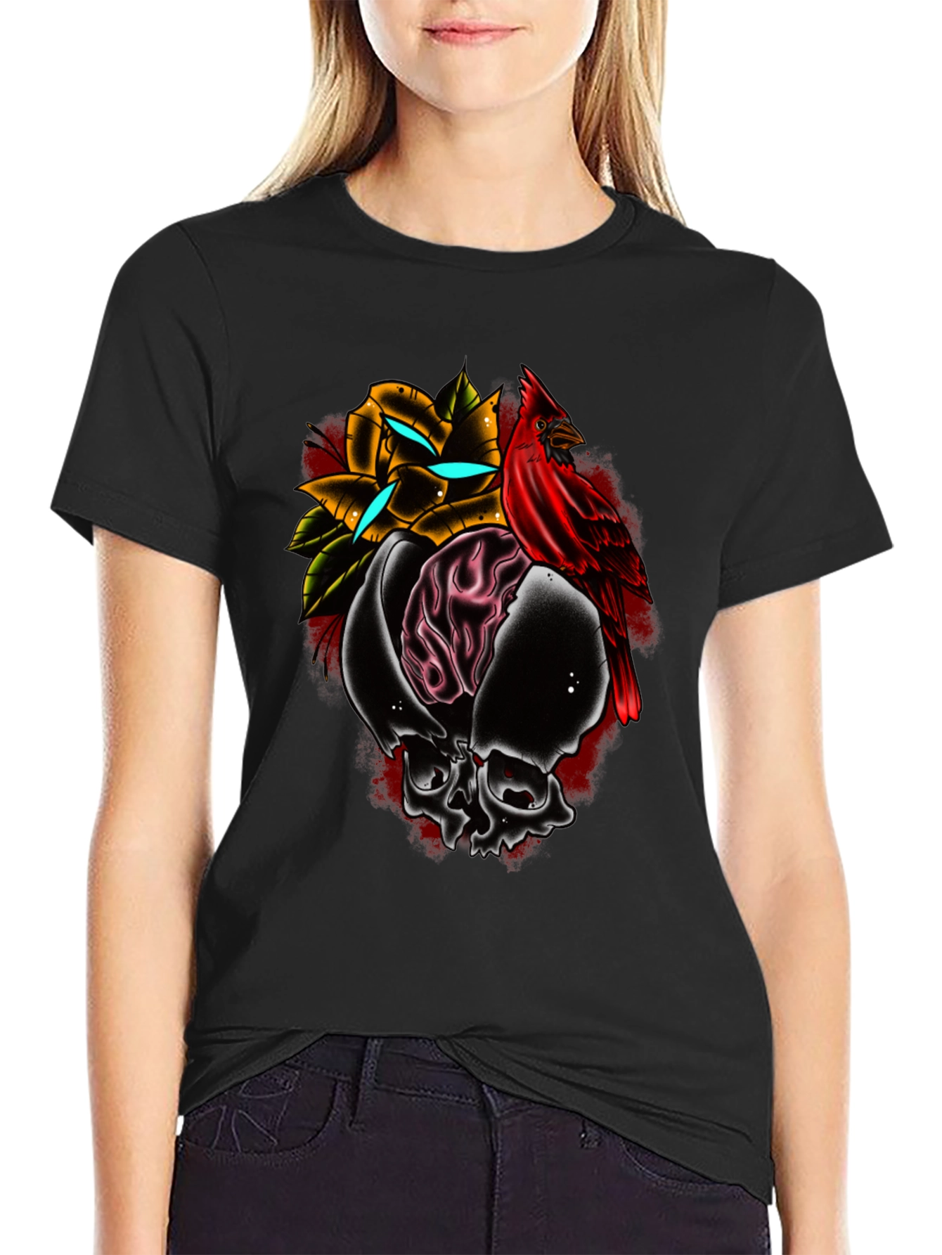 Black Skull Rose Cardinal Graphic Tee - Edgy Menswear view 2