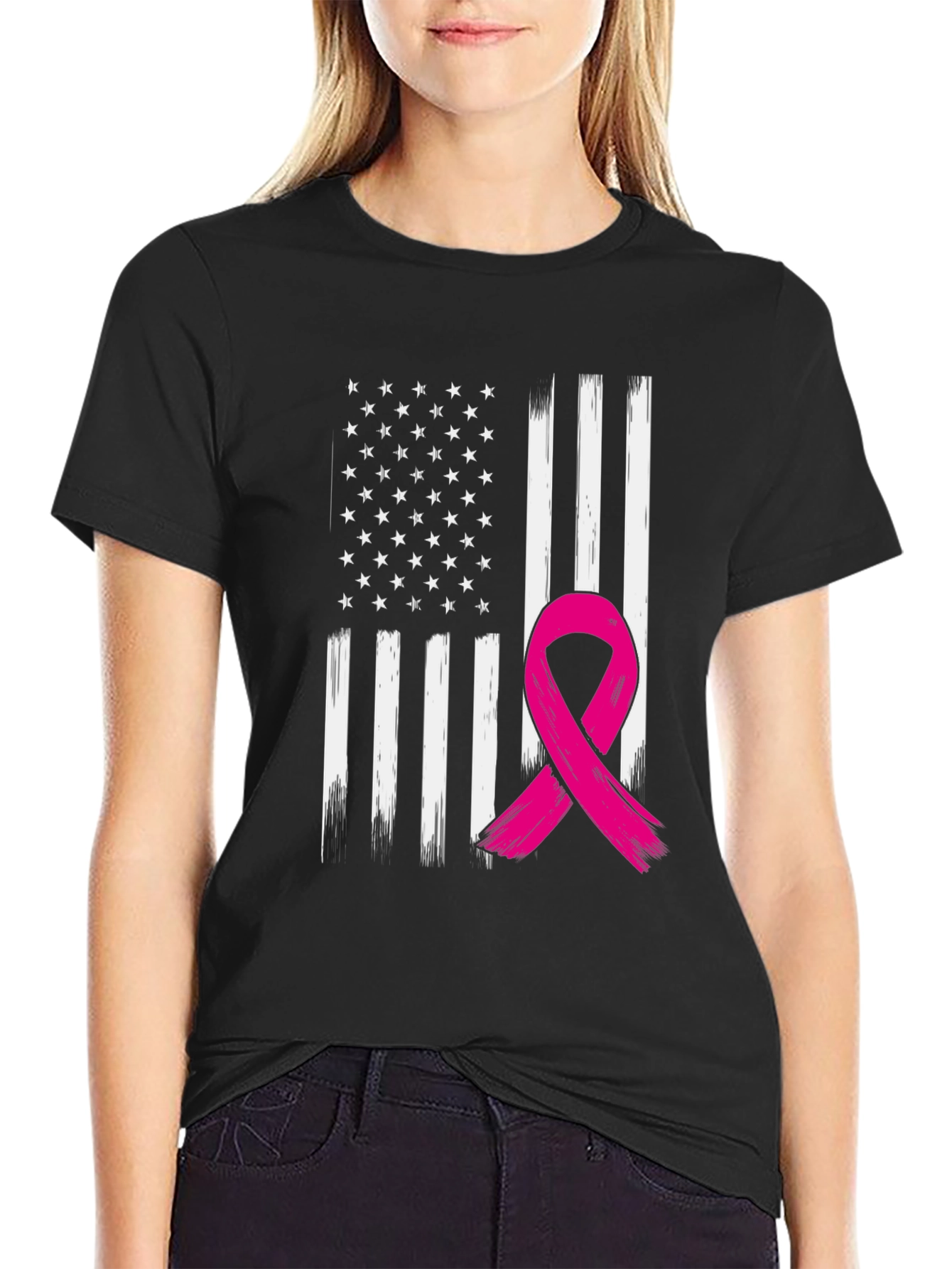 Black American Flag Breast Cancer Awareness T-Shirt view 2