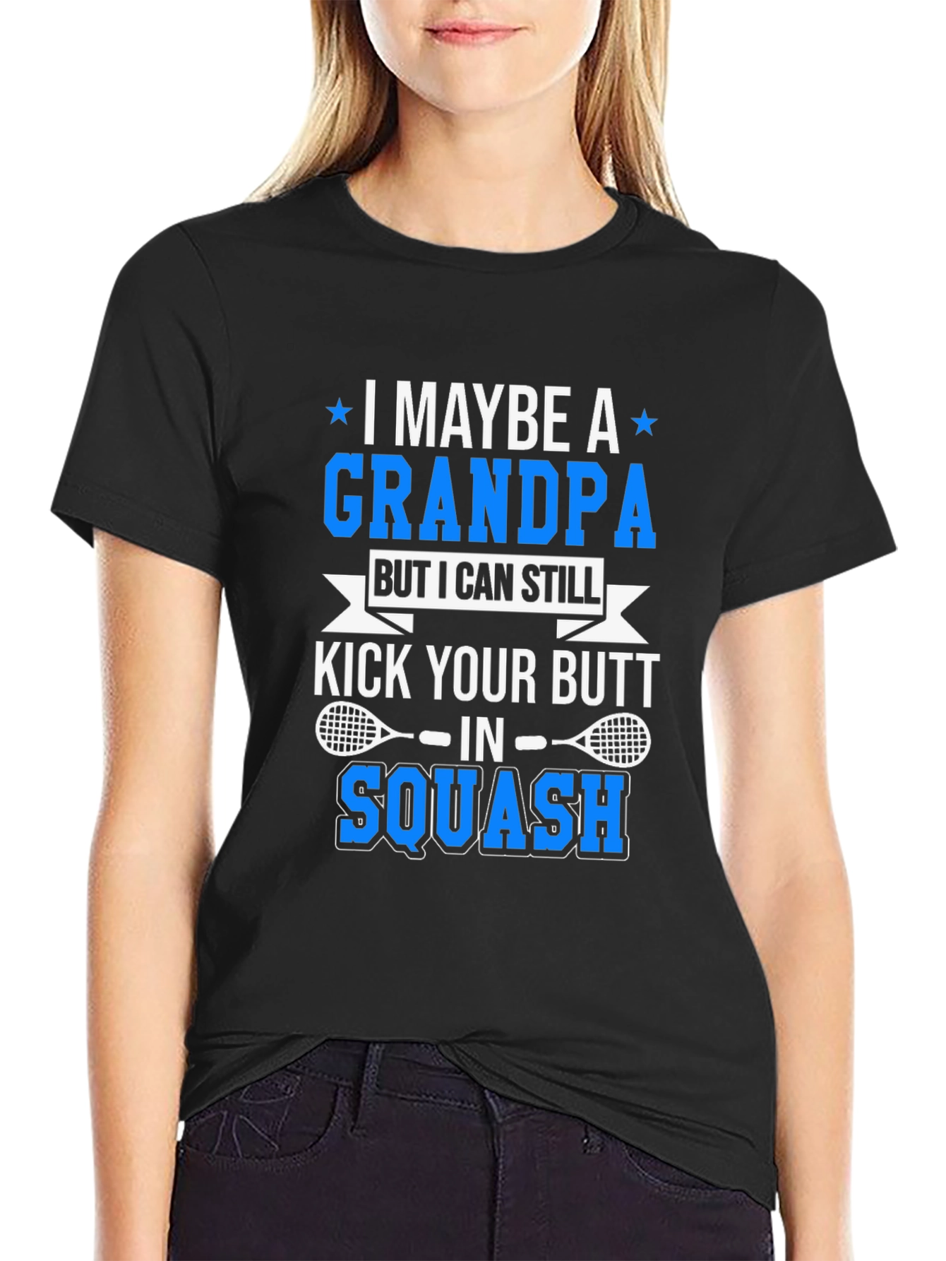 Black Grandpa Squash Player T-Shirt - Kick Your Butt! view 2
