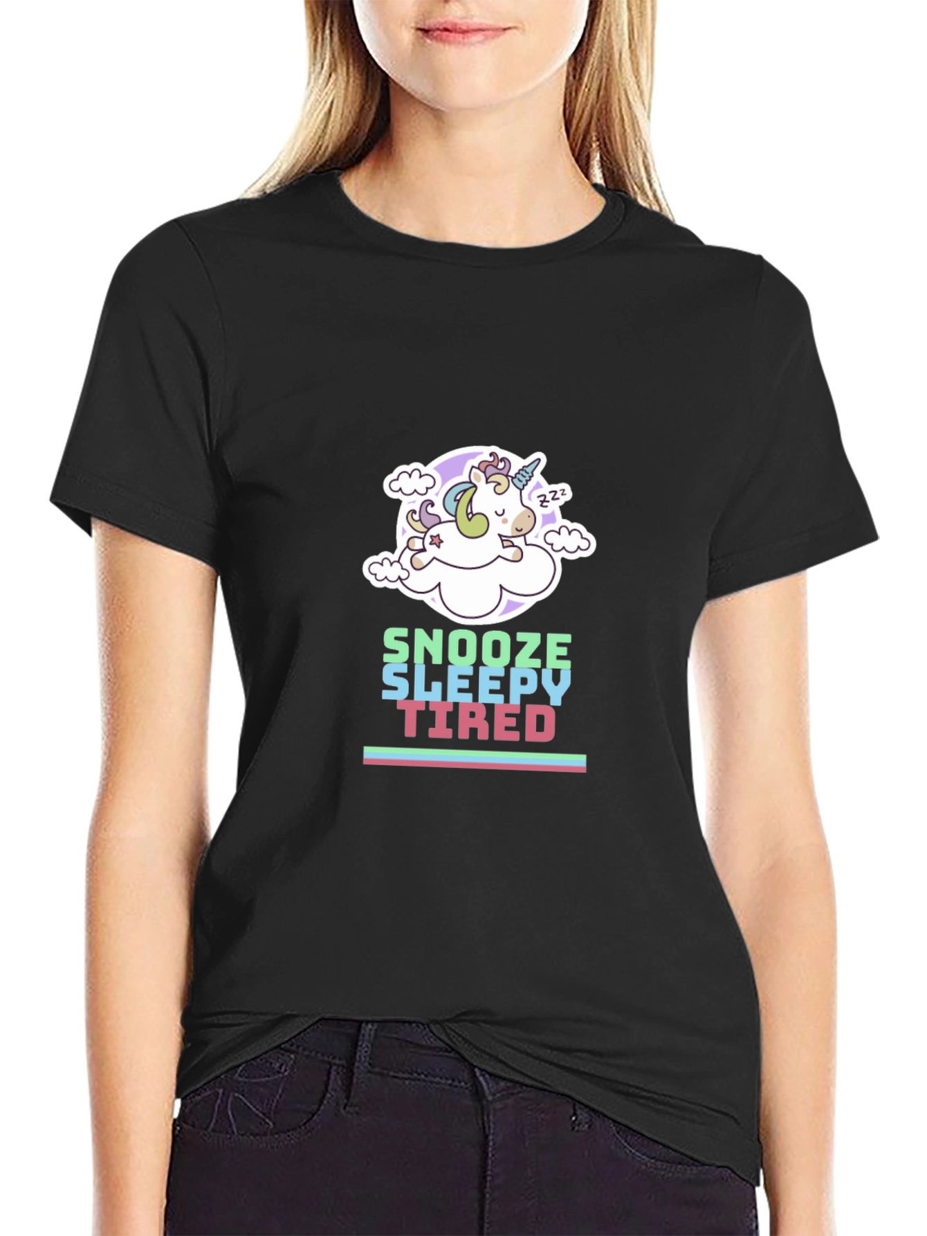 Black Snooze Sleepy Tired T-Shirt - Unicorn Design view 2
