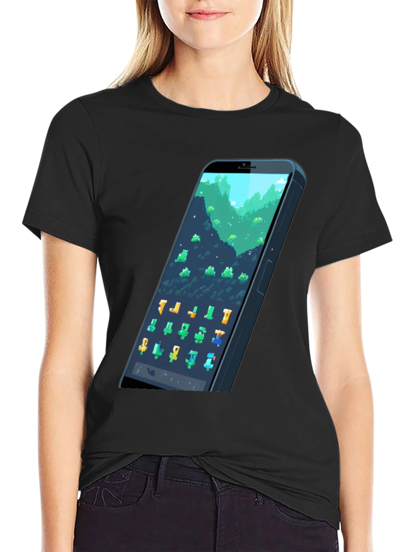 Black Pixel Phone T-Shirt - Gamer Style Tee view 2
