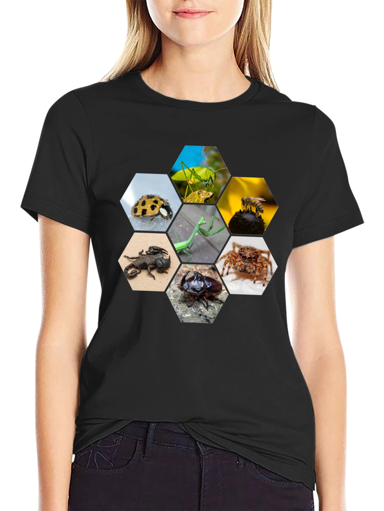 Black Insect Hexagon T-Shirt - Unique Nature Design view 2
